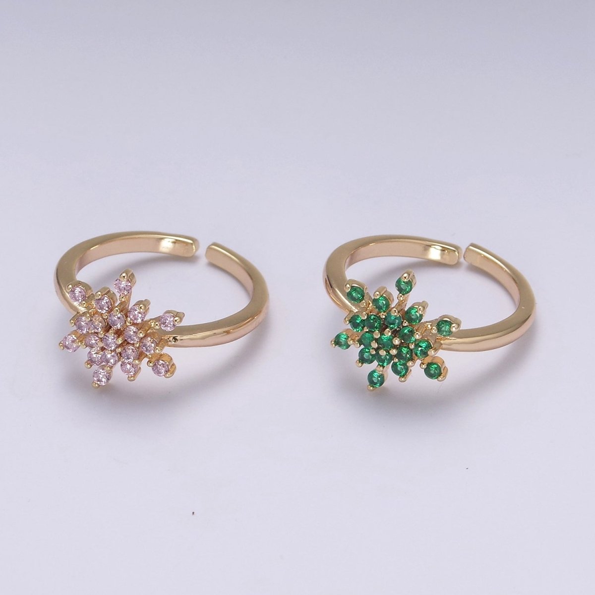 Gold Filled Snowflake with Pink Green CZ Ring For Woman Jewelry Finger Ring Open Adjustable U-147 U-148 U-218