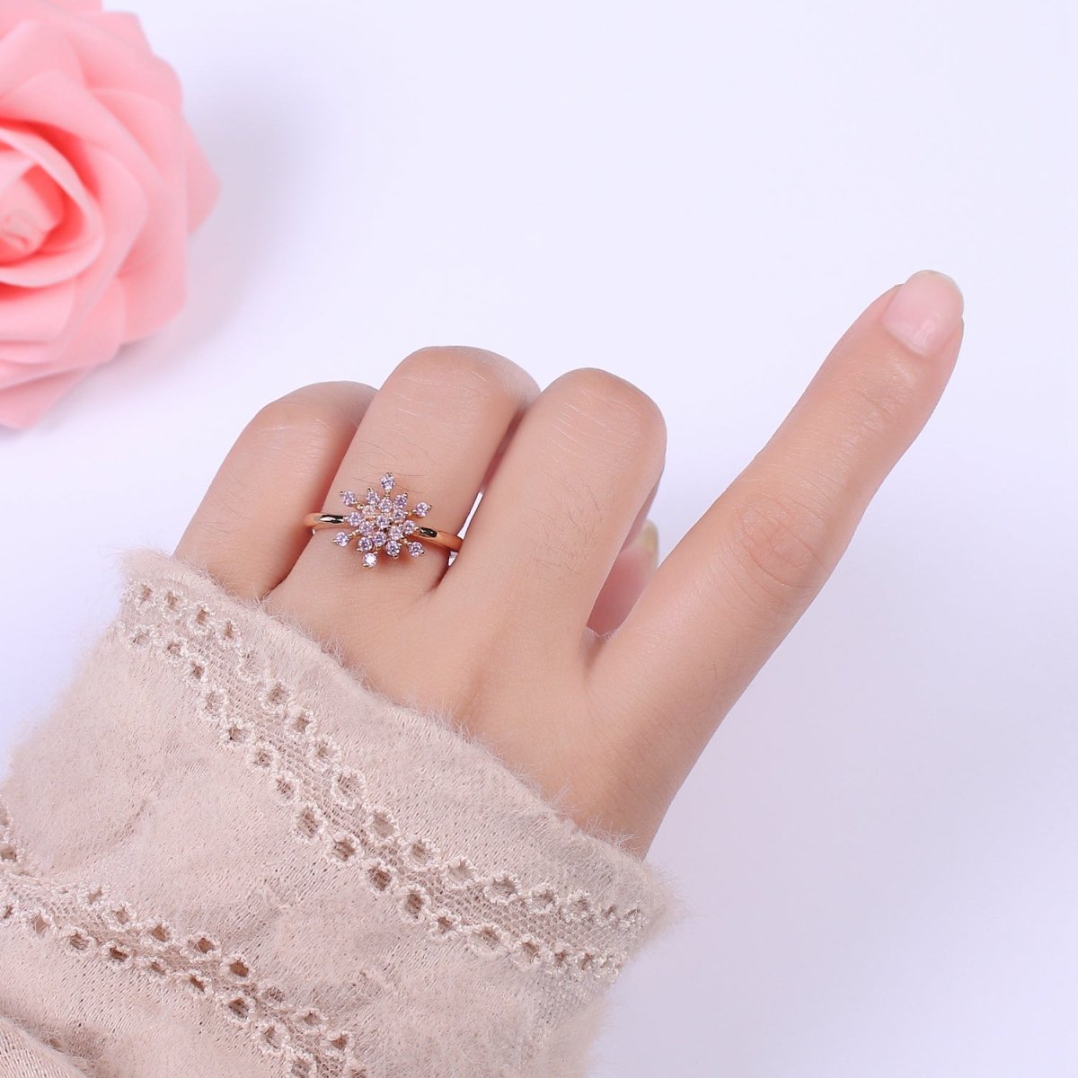 Gold Filled Snowflake with Pink Green CZ Ring For Woman Jewelry Finger Ring Open Adjustable U-147 U-148 U-218