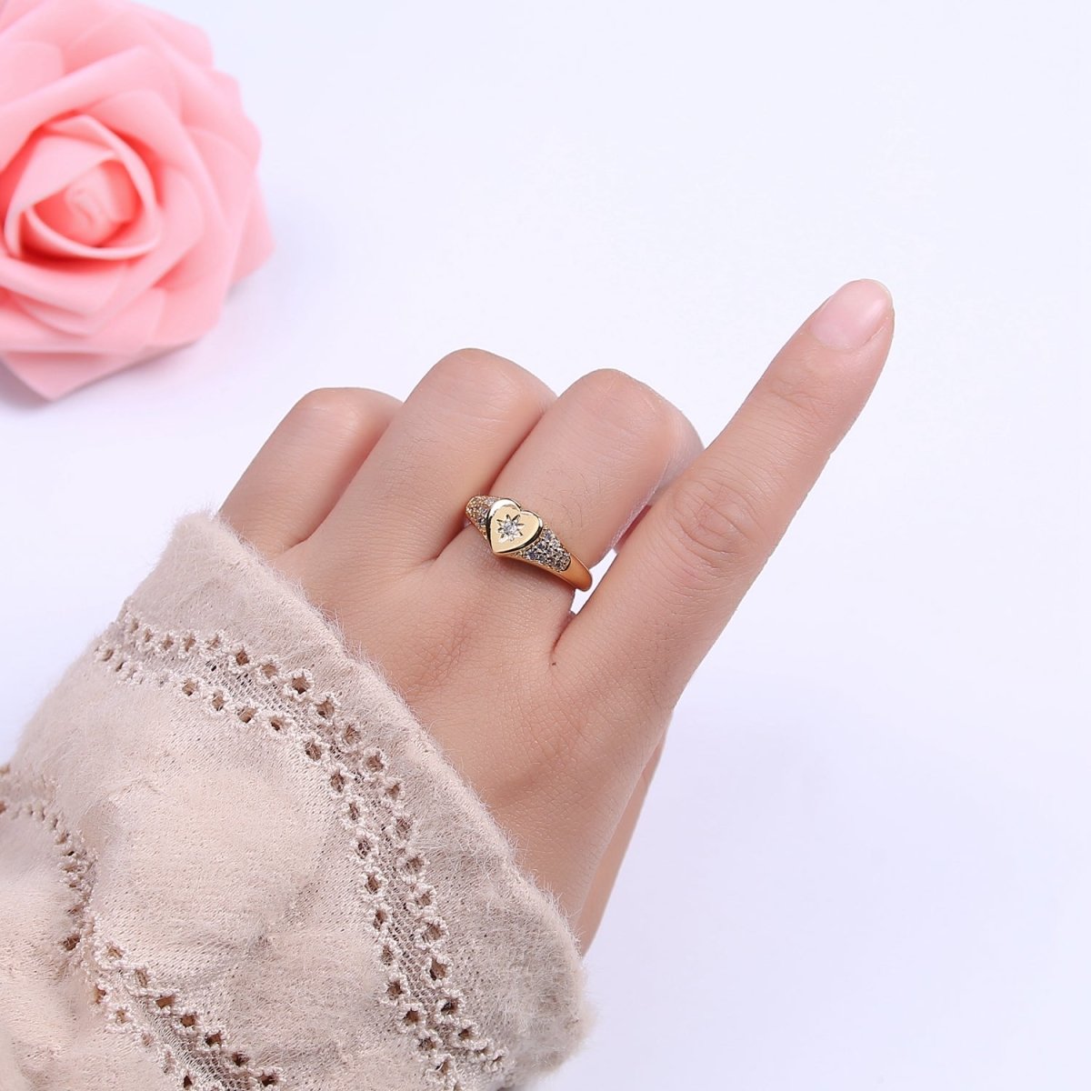 Gold Filled Star Starburst Crystal Zirconia CZ Heart Band Open, Adjustable Ring in 24K Gold & Silver | U-383 U-384