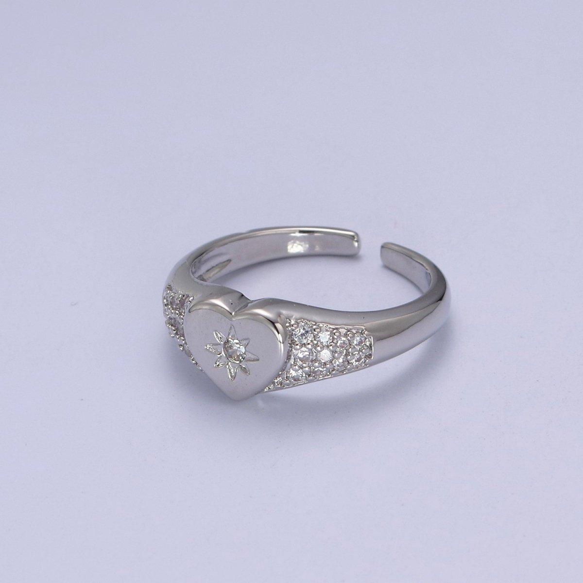 Gold Filled Star Starburst Crystal Zirconia CZ Heart Band Open, Adjustable Ring in 24K Gold & Silver | U-383 U-384