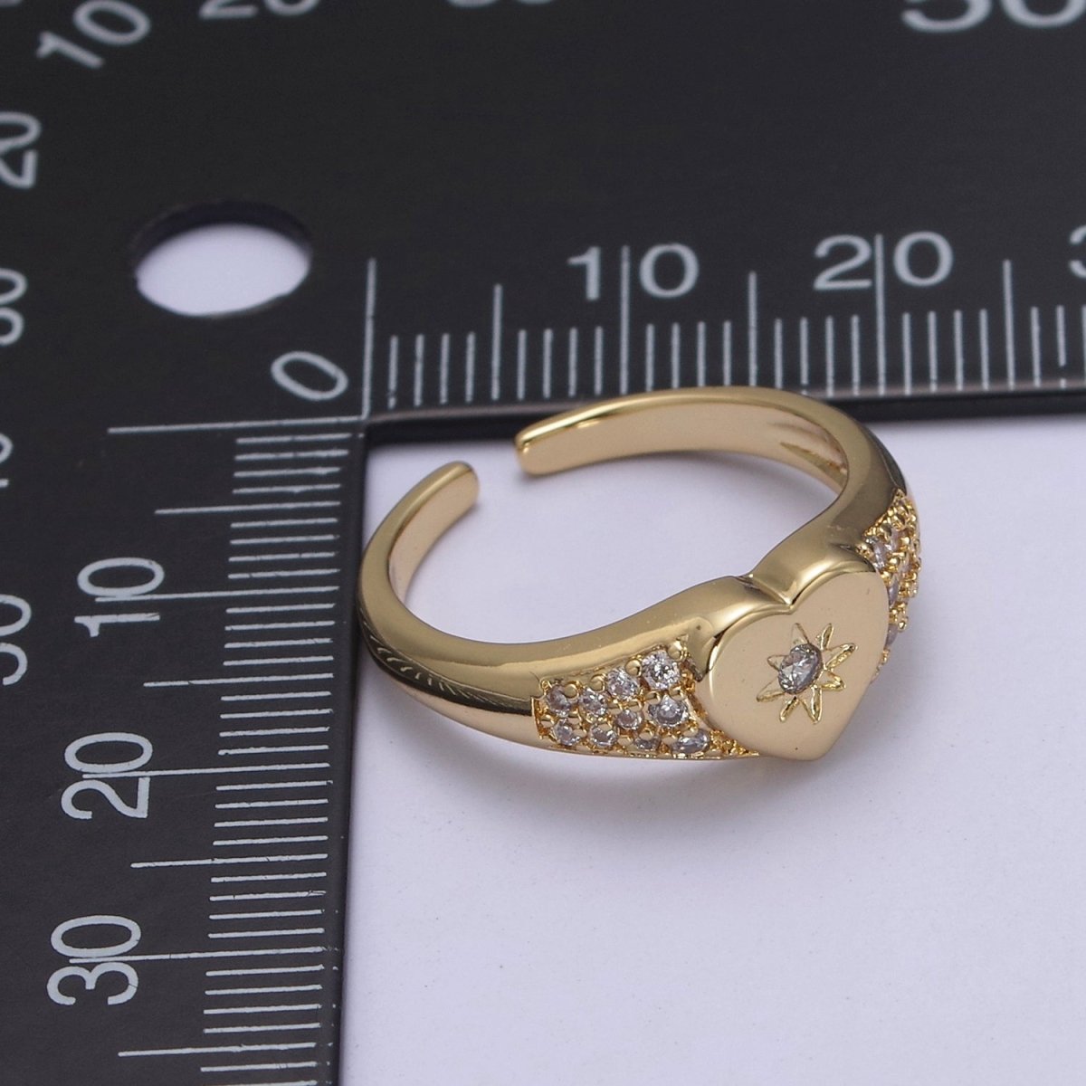 Gold Filled Star Starburst Crystal Zirconia CZ Heart Band Open, Adjustable Ring in 24K Gold & Silver | U-383 U-384