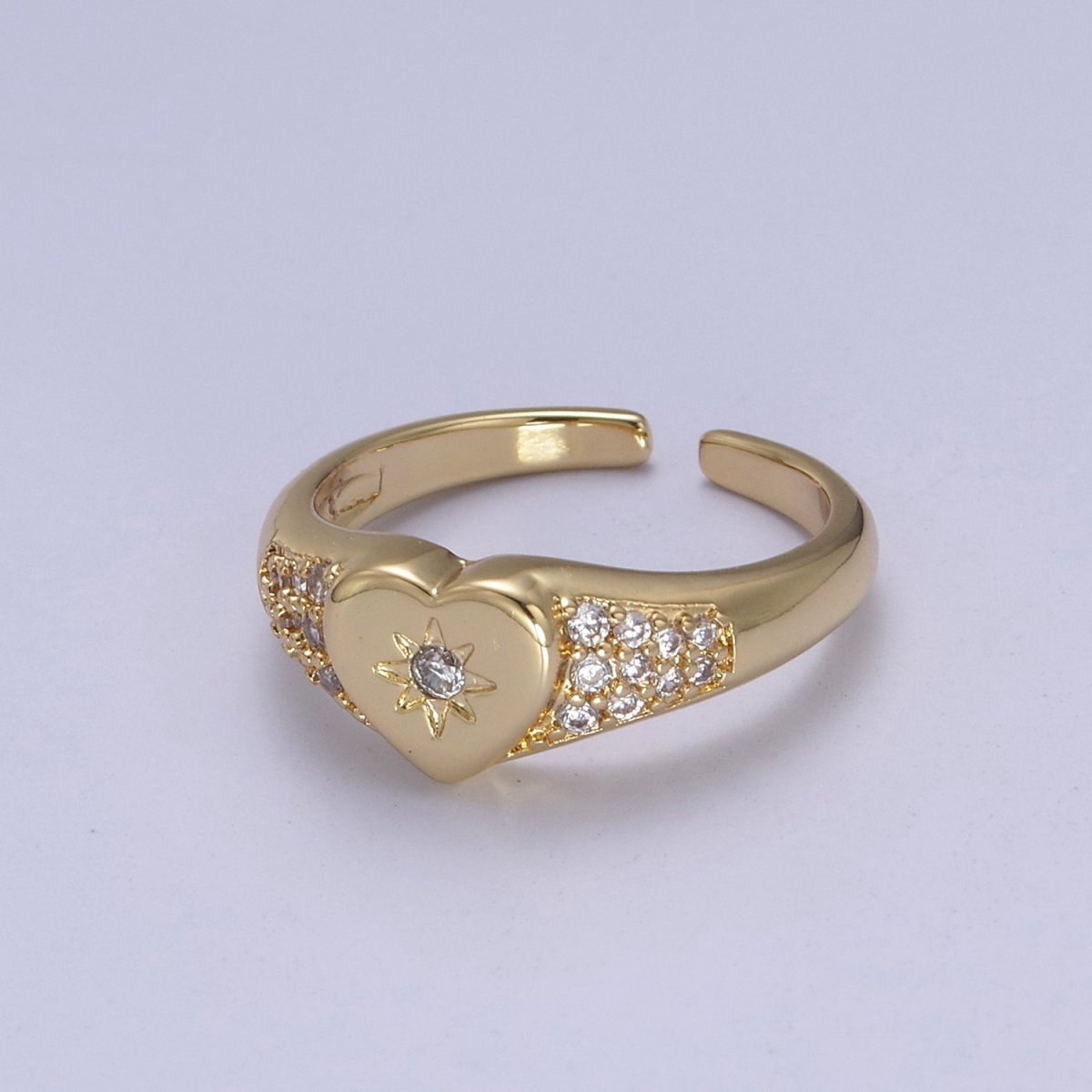 Gold Filled Star Starburst Crystal Zirconia CZ Heart Band Open, Adjustable Ring in 24K Gold & Silver | U-383 U-384