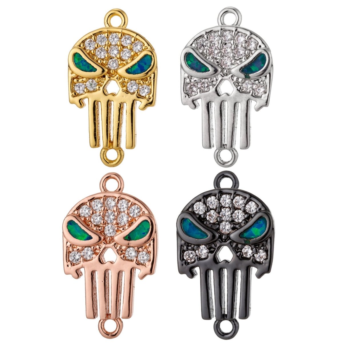 Gold Filled Stylish Elegant Green Eyes Skull Cubic Zirconia Bracelet Charm Bead Finding Connector For Jewelry Making, F-016