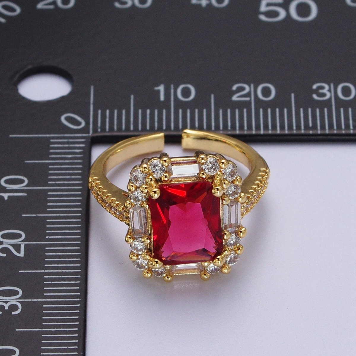Gold Filled Teal, Red, Clear Baguette CZ Solitaire Micro Paved Band Ring | O-161 O-162 O-163