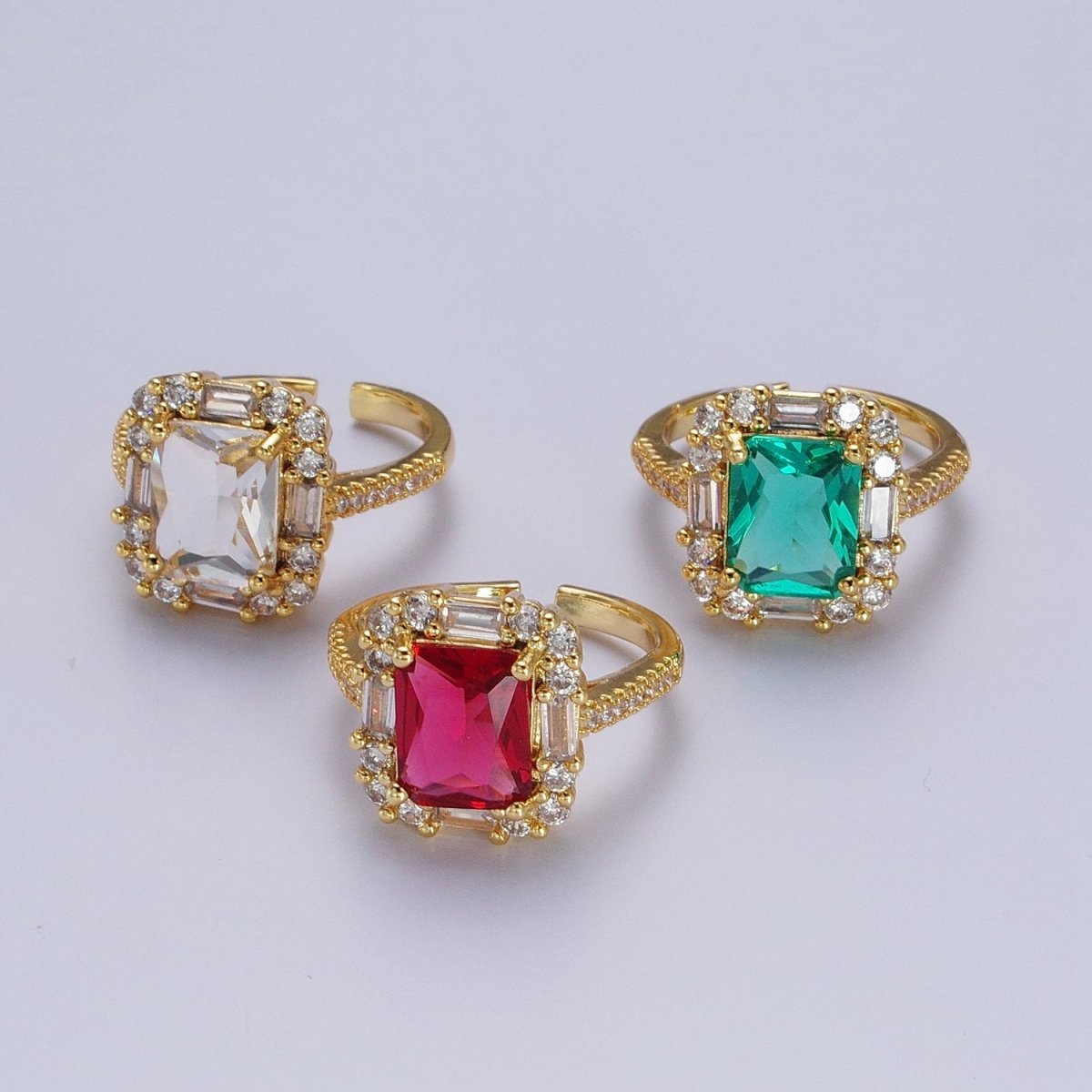 Gold Filled Teal, Red, Clear Baguette CZ Solitaire Micro Paved Band Ring | O-161 O-162 O-163
