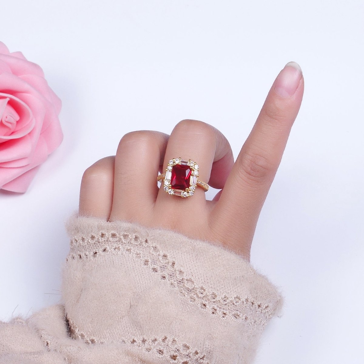 Gold Filled Teal, Red, Clear Baguette CZ Solitaire Micro Paved Band Ring | O-161 O-162 O-163