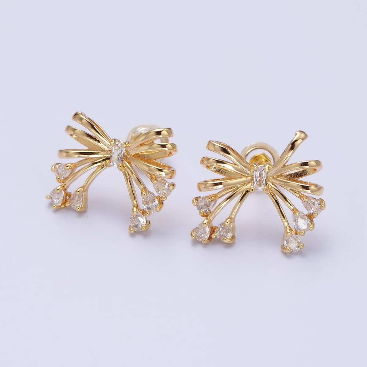 Gold Filled Tie Bow Multiband Ribbon Clear Baguette Teardrop Stud Earrings in Silver & Gold | AB380 AB480