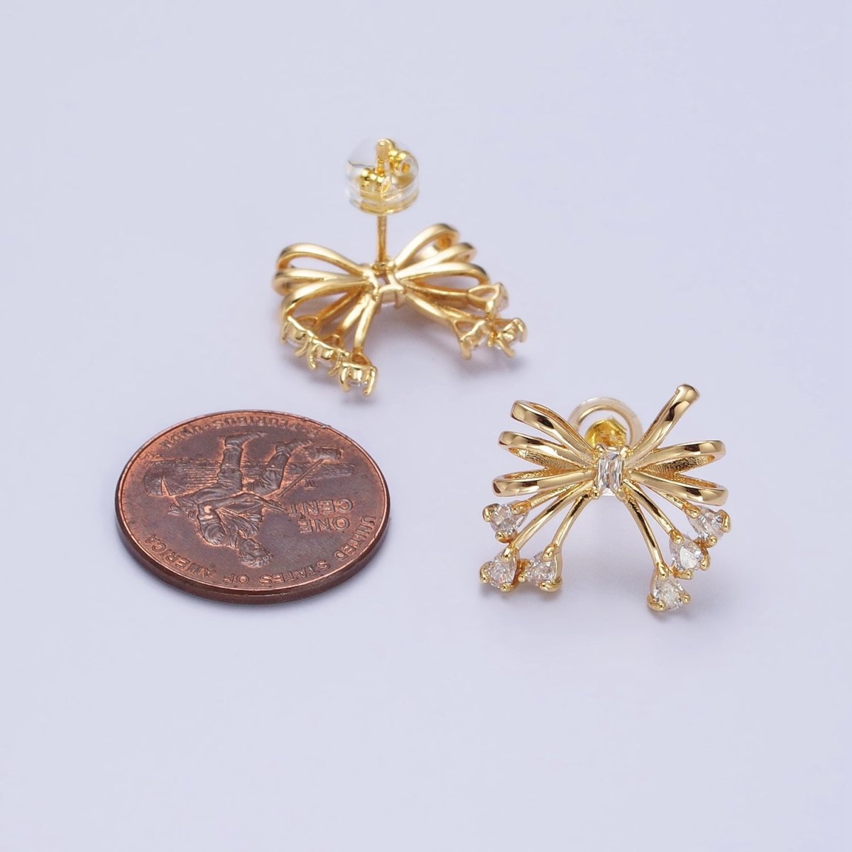 Gold Filled Tie Bow Multiband Ribbon Clear Baguette Teardrop Stud Earrings in Silver & Gold | AB380 AB480