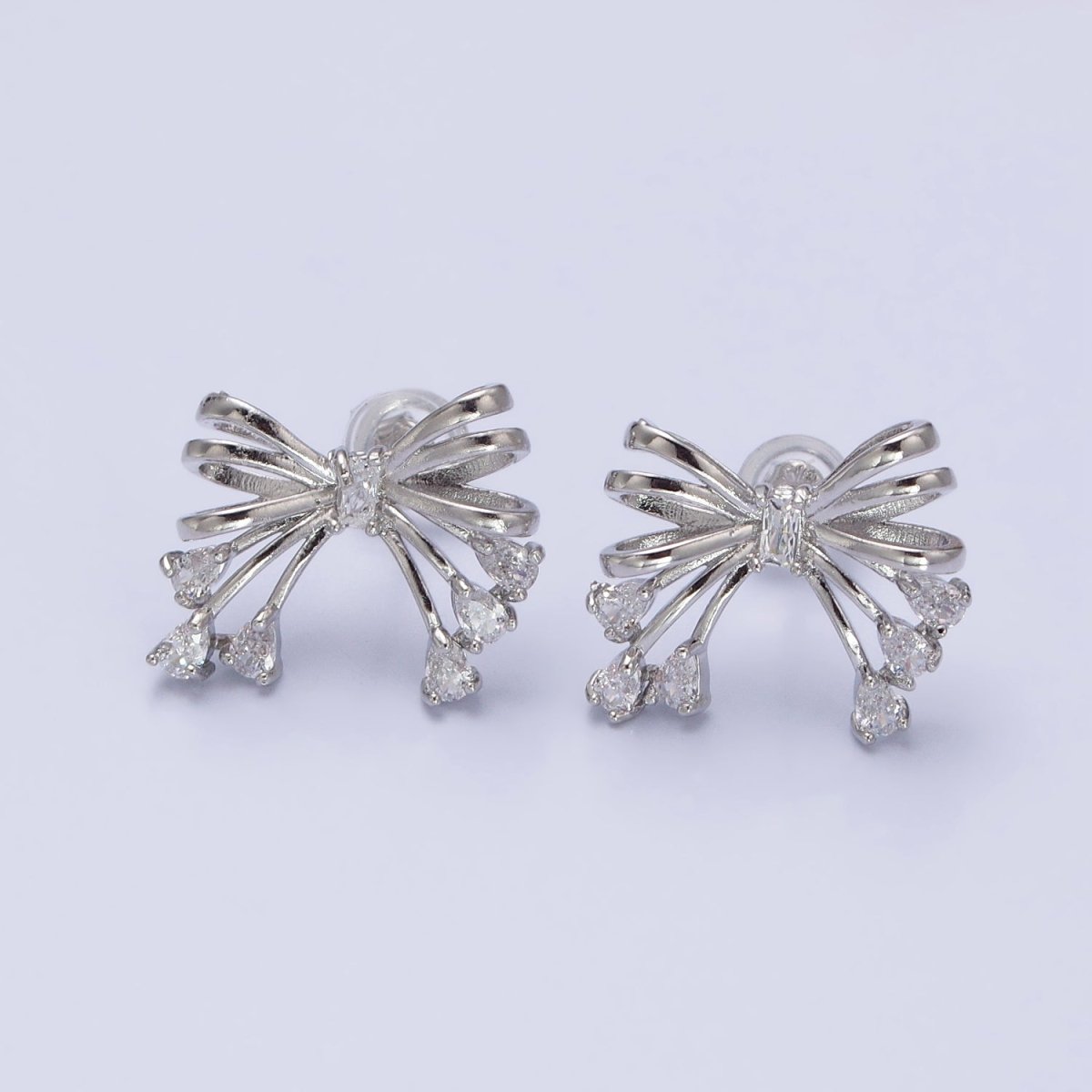 Gold Filled Tie Bow Multiband Ribbon Clear Baguette Teardrop Stud Earrings in Silver & Gold | AB380 AB480