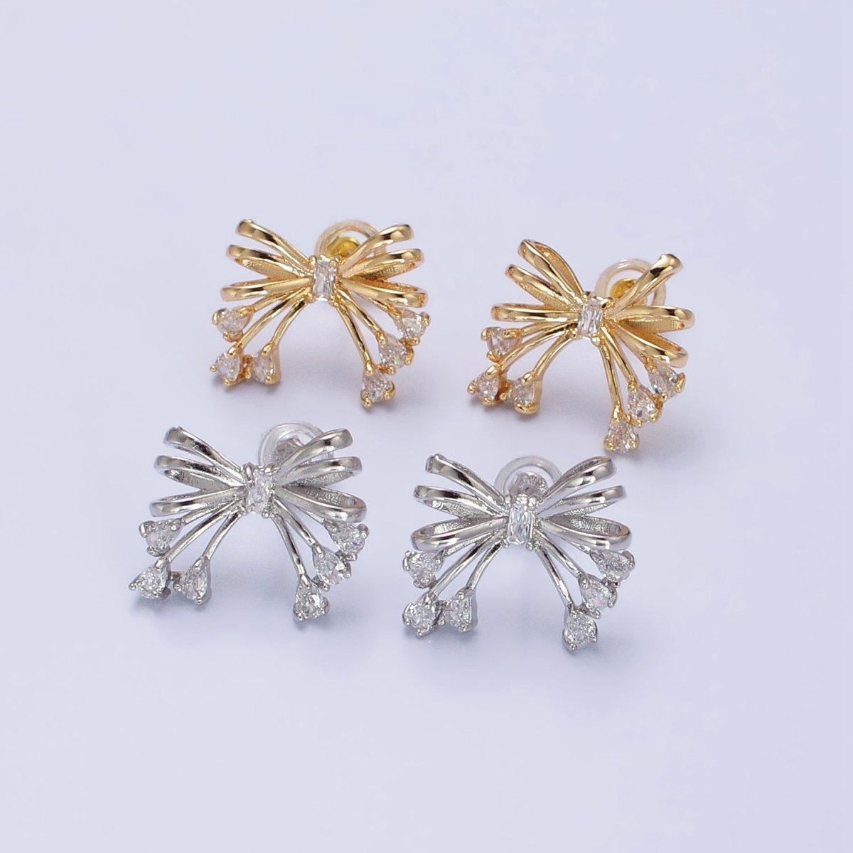 Gold Filled Tie Bow Multiband Ribbon Clear Baguette Teardrop Stud Earrings in Silver & Gold | AB380 AB480