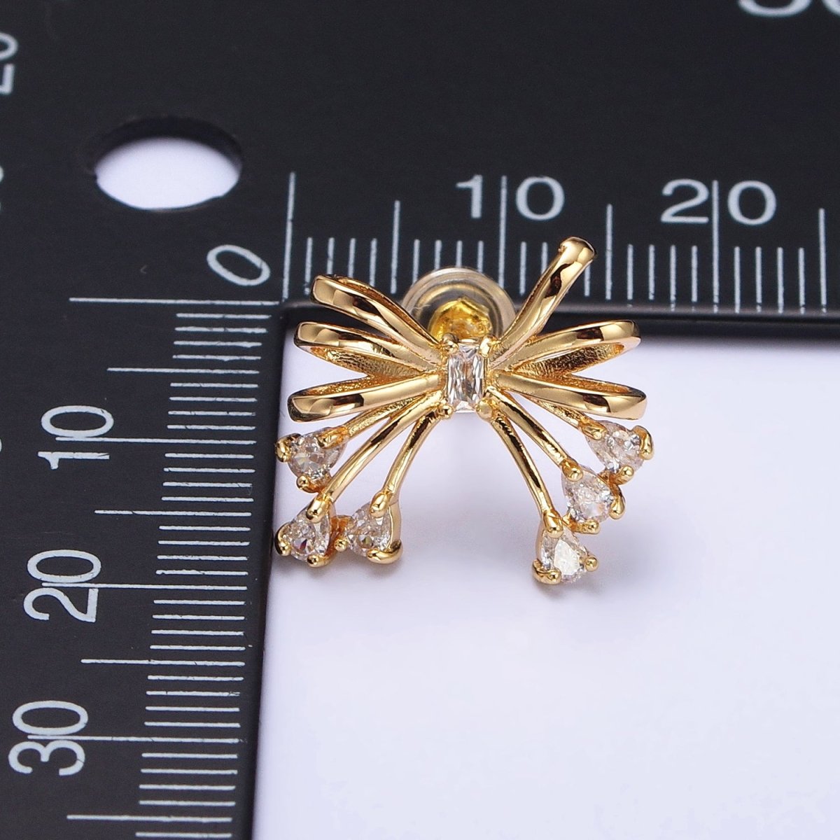 Gold Filled Tie Bow Multiband Ribbon Clear Baguette Teardrop Stud Earrings in Silver & Gold | AB380 AB480