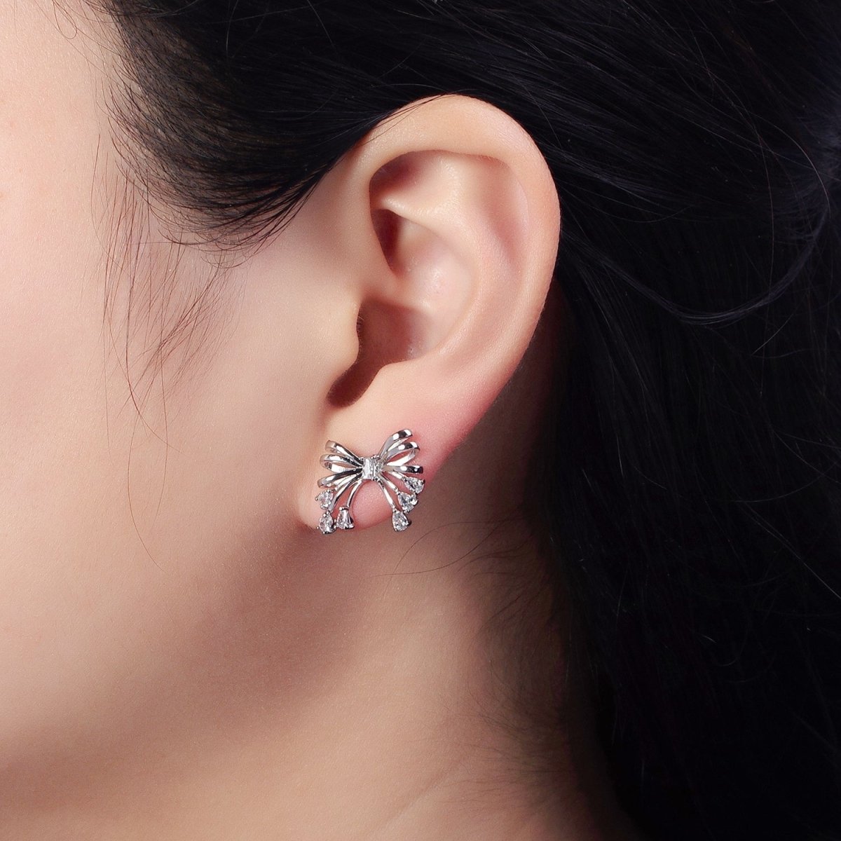 Gold Filled Tie Bow Multiband Ribbon Clear Baguette Teardrop Stud Earrings in Silver & Gold | AB380 AB480