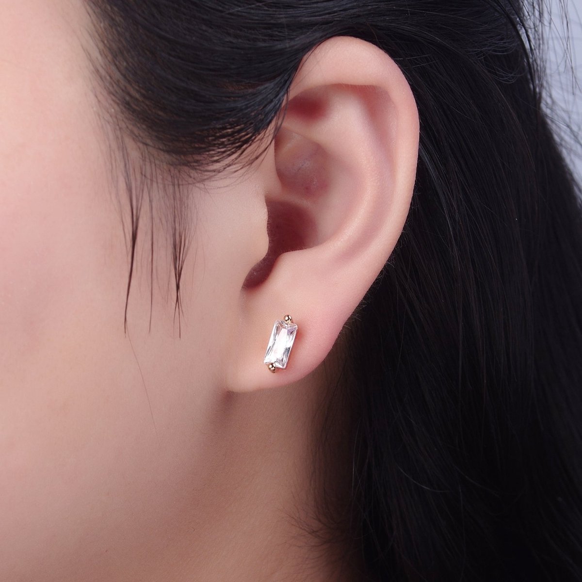 Gold Filled Tiny baguette stud earrings | second hole earrings | tiny rectangle studs | Baguette shaped studs V-123