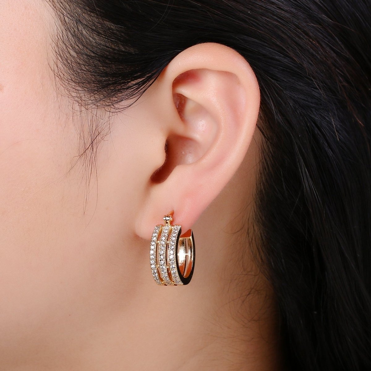 Gold Filled Triple Layered Circle Round Huggies Earring CZ Micro Pave Geometric Shape Earring Jewelry GP-661 - DLUXCA