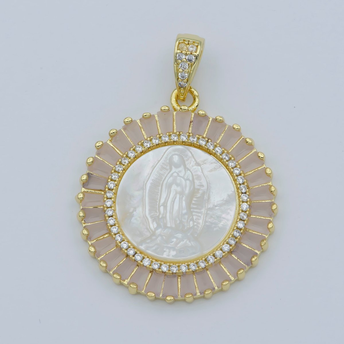 Gold Filled Virgin Mary Pendant Pearl Lady Guadalupe Medallion Charm Necklace Pink Cubic Micro Pave Cz for Religious jewelry making supply N-1407 I-109