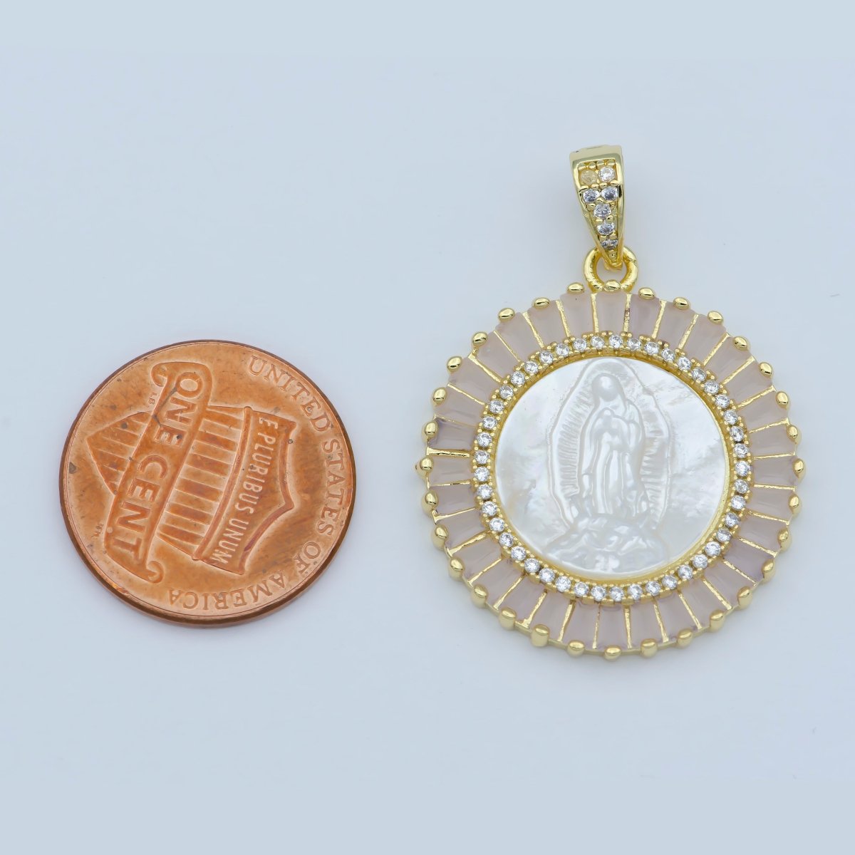 Gold Filled Virgin Mary Pendant Pearl Lady Guadalupe Medallion Charm Necklace Pink Cubic Micro Pave Cz for Religious jewelry making supply N-1407 I-109