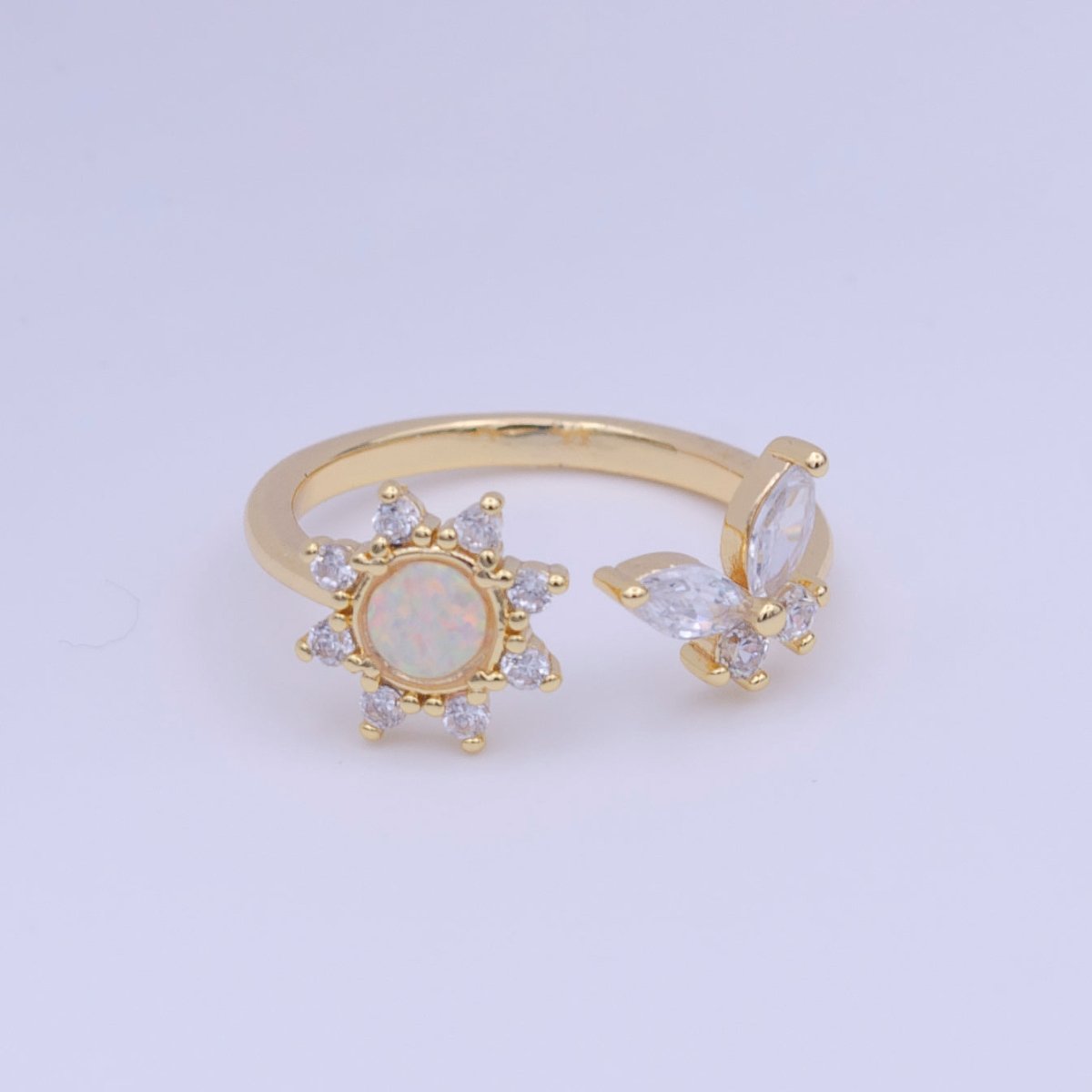 Gold Filled White Celestial Sun Clear CZ Butterfly Open Adjustable Ring | O-121