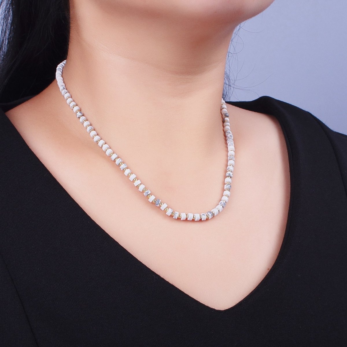 Gold Filled White Howlite Rondelle Heishi Gemstone Gold Spacer Beads 16 Inch Choker Necklace | WA-1437 Clearance Pricing - DLUXCA