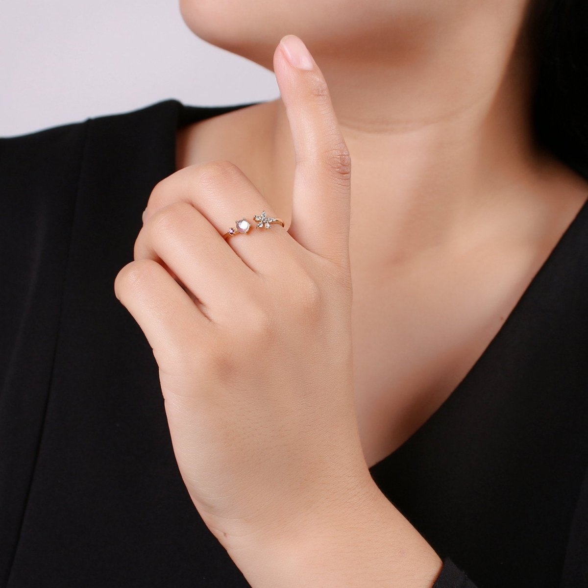 Gold Flower Ring, Dainty Floral Ring, Adjustable Ring, Minimalist Opal Ring, Minimalist Ring, Gold Open Ring, Dainty Jewelry R-086