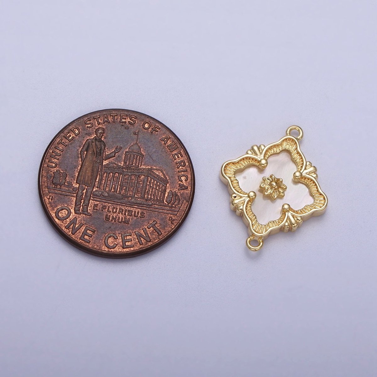 Gold Flower White Shell Pearl Antique Artisan Quatrefoil Link Connector | Y-654 - DLUXCA