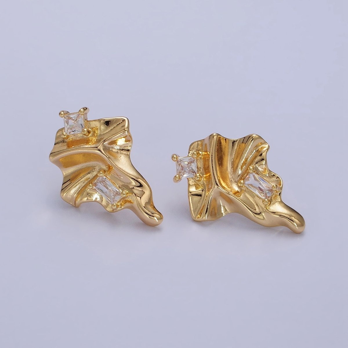 Gold Geometric Abstract Foil Clear CZ Square Baguette Stud Earrings | AB133 - DLUXCA