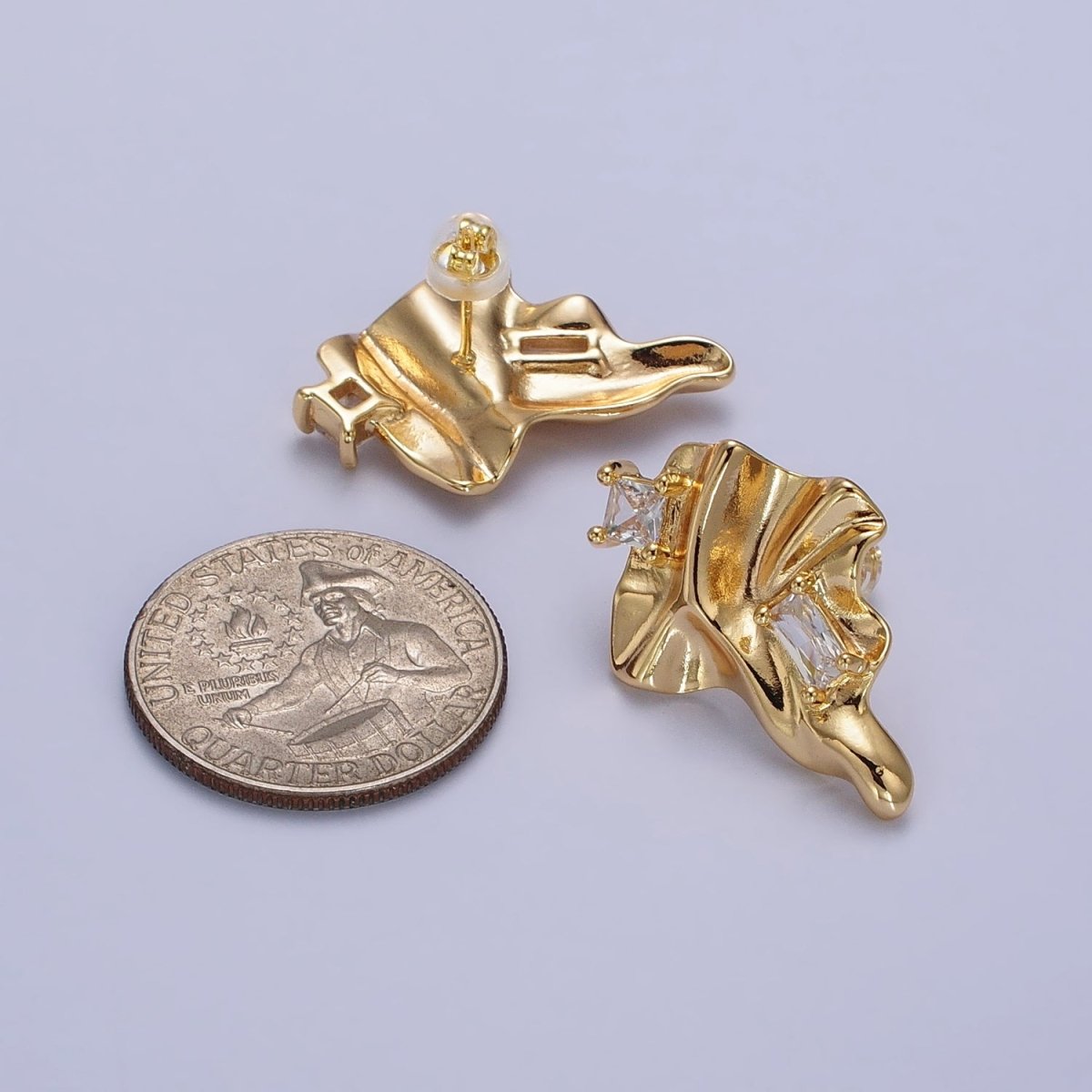 Gold Geometric Abstract Foil Clear CZ Square Baguette Stud Earrings | AB133 - DLUXCA