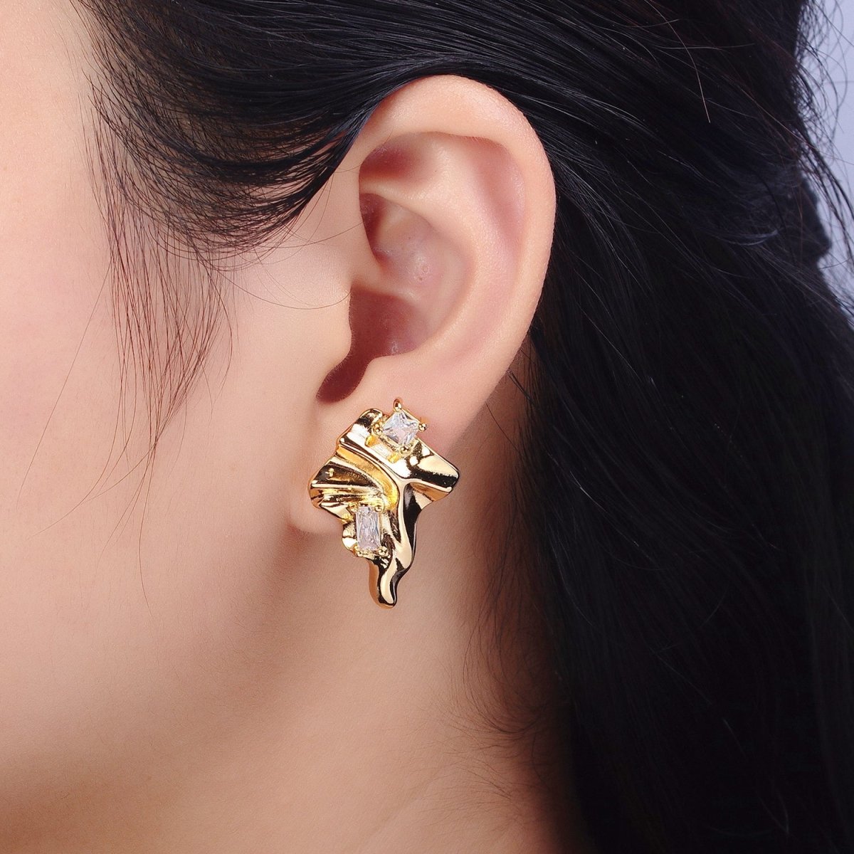 Gold Geometric Abstract Foil Clear CZ Square Baguette Stud Earrings | AB133 - DLUXCA