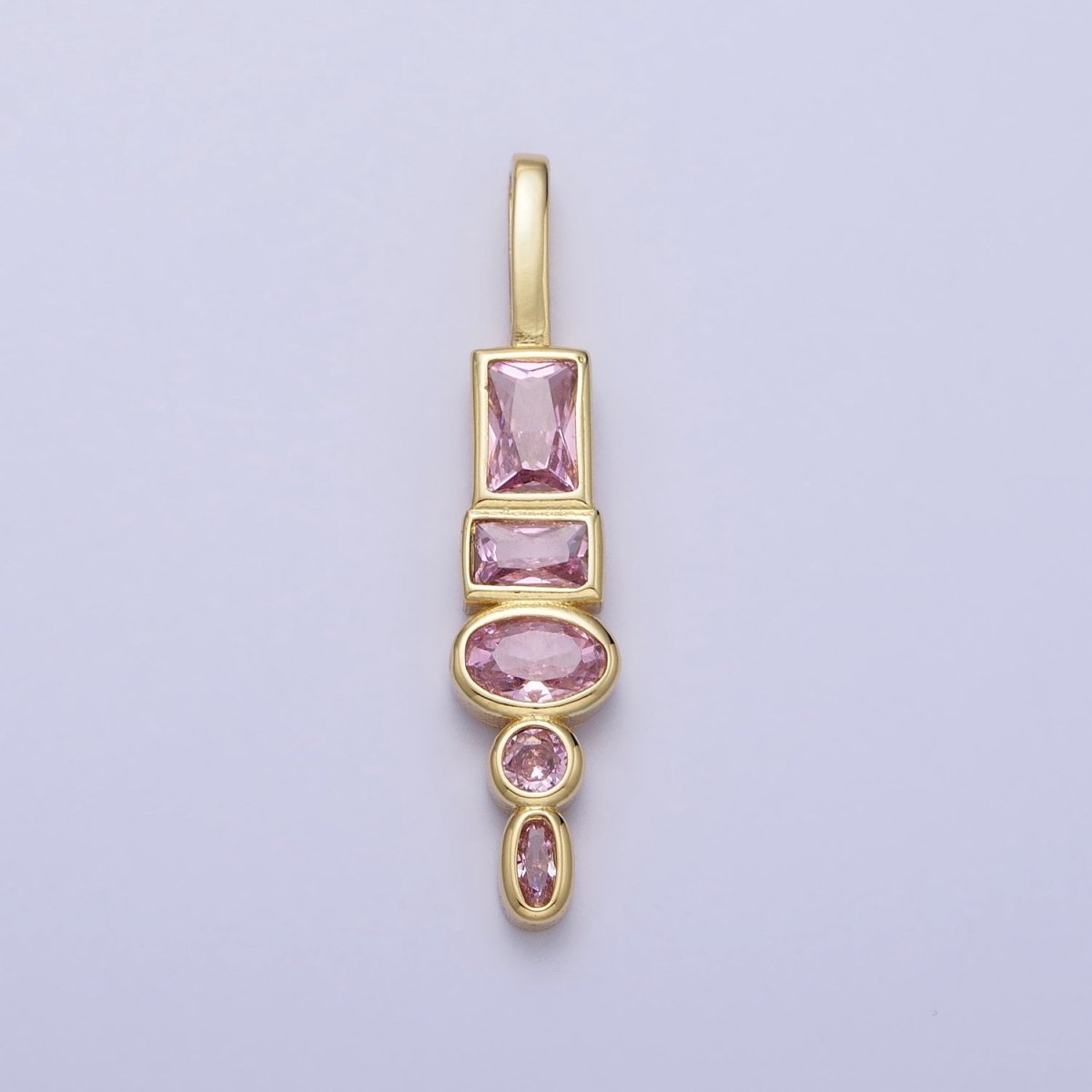 Gold Geometric Clear, Pink CZ Cubic Zirconia Baguette Oval Pendant | AA170 AA171