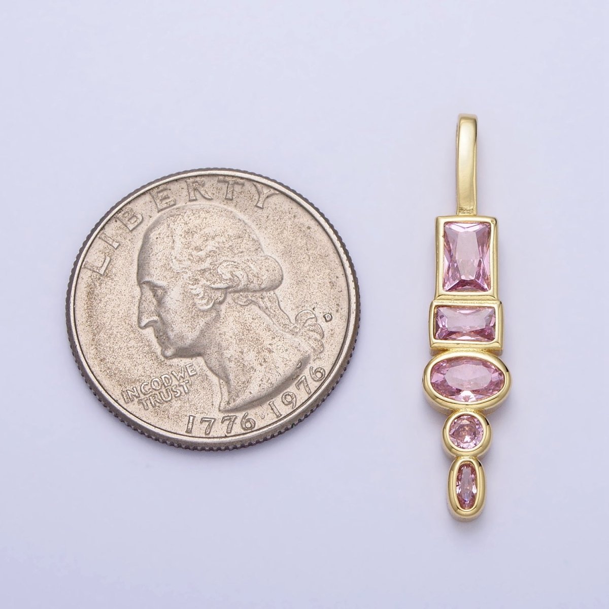 Gold Geometric Clear, Pink CZ Cubic Zirconia Baguette Oval Pendant | AA170 AA171