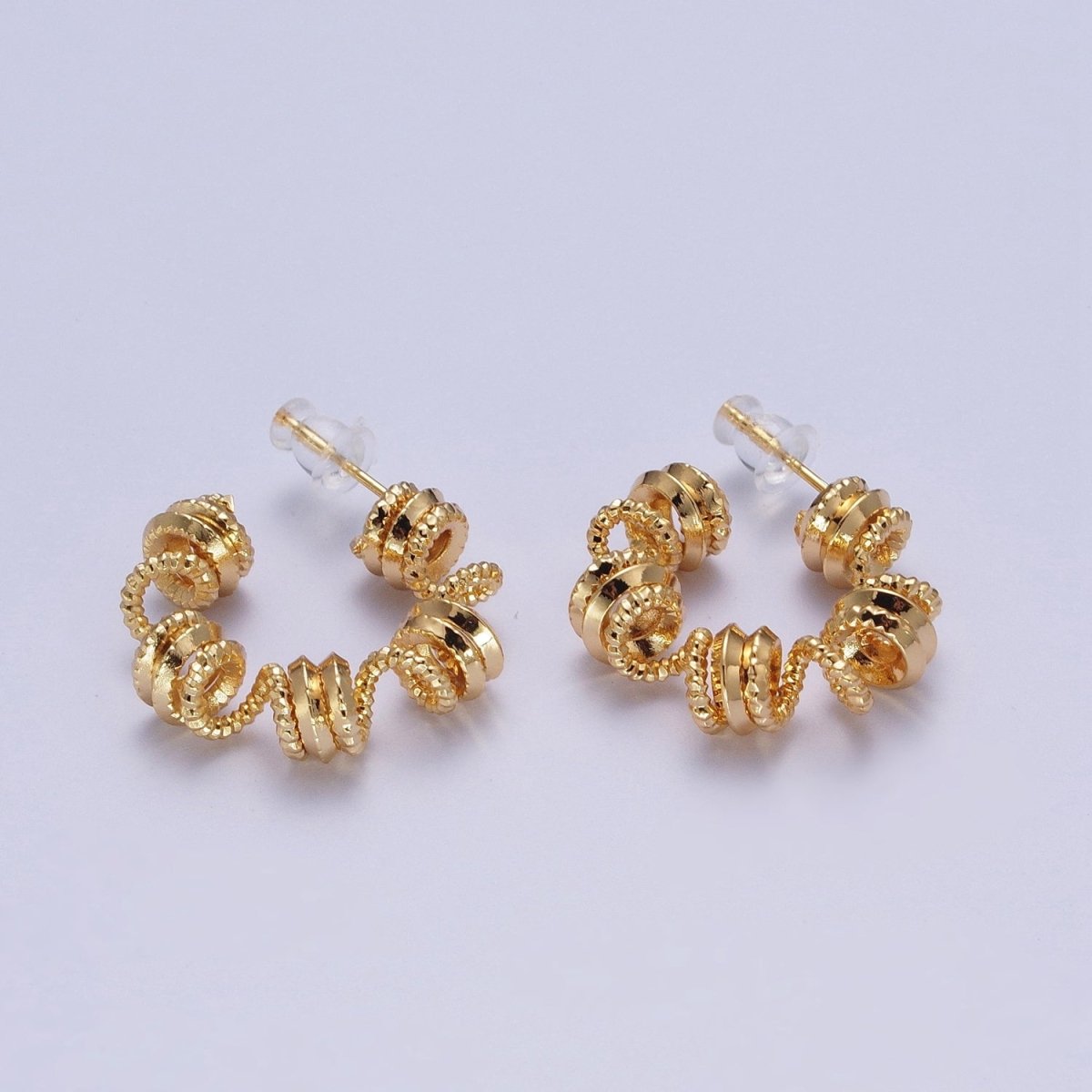 Gold Geometric Edged Spiral Coil Band C-Shaped Hoop Earrings | AE1020 - DLUXCA