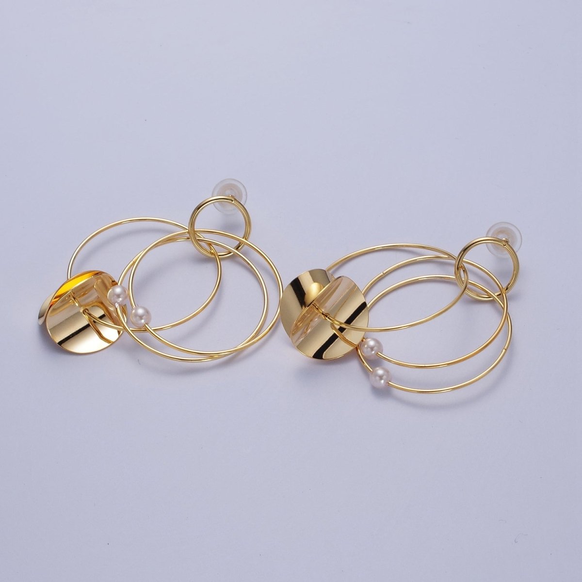 Gold Geometric Multiple Circle Hoop Pearl Drop Earrings | Y-151 - DLUXCA