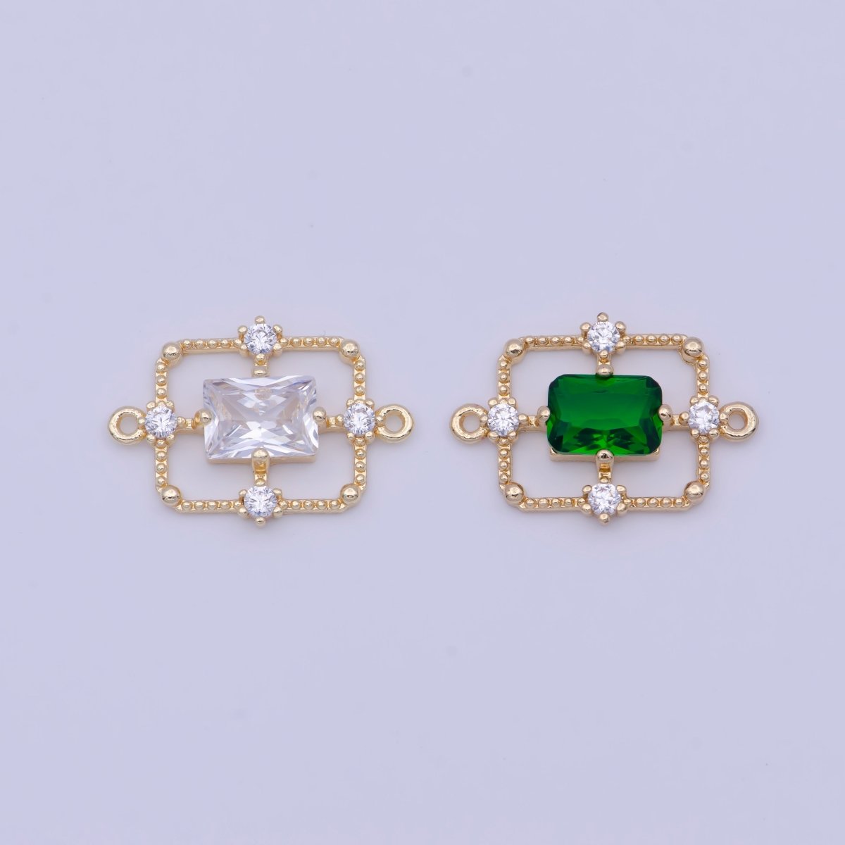 Gold Green / Clear Baguette CZ Charm Connector Geometric Rectangle Link Connector Supply G-562 G-563