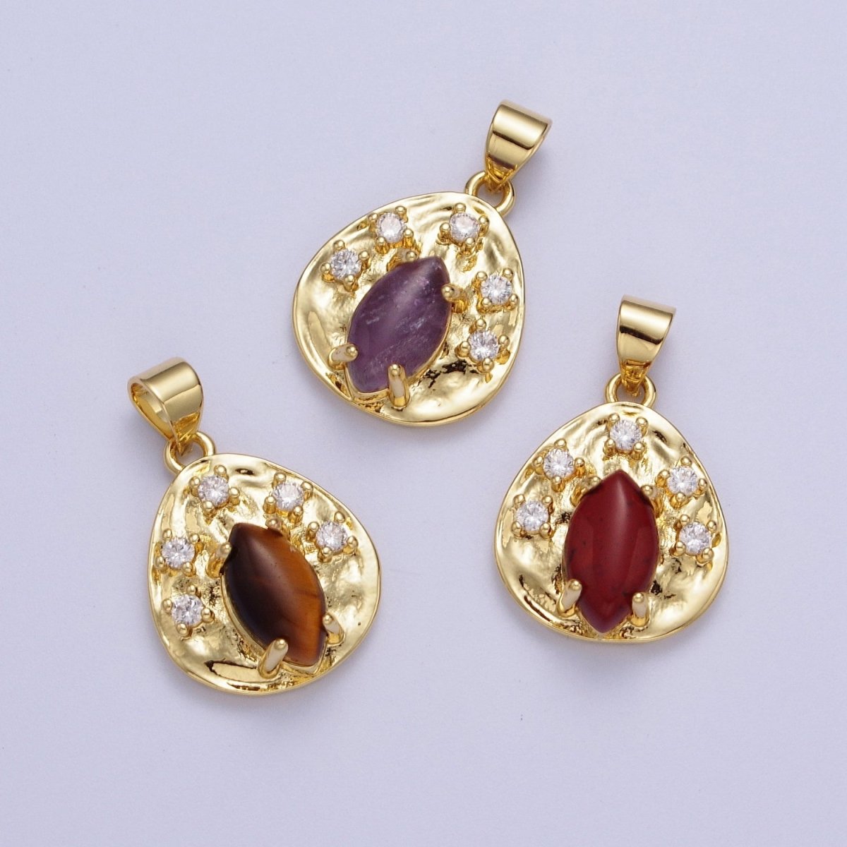 Gold Hammered Coin Cubic Zirconia Natural Red Jasper, Amethyst, Tiger Eye Pendant For Jewelry Making H-854 H-855 H-877