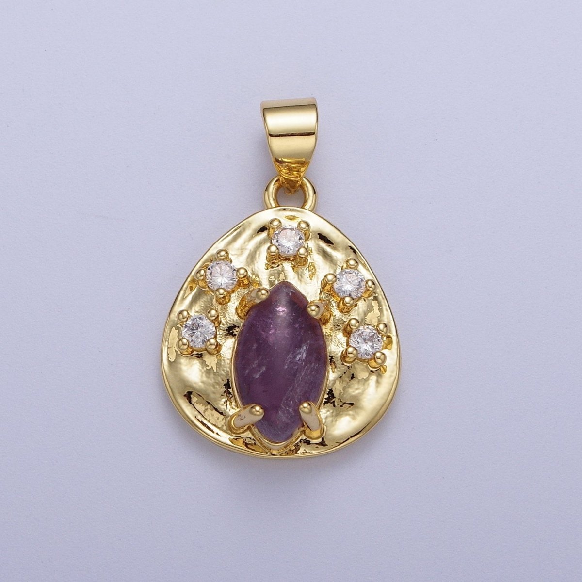 Gold Hammered Coin Cubic Zirconia Natural Red Jasper, Amethyst, Tiger Eye Pendant For Jewelry Making H-854 H-855 H-877