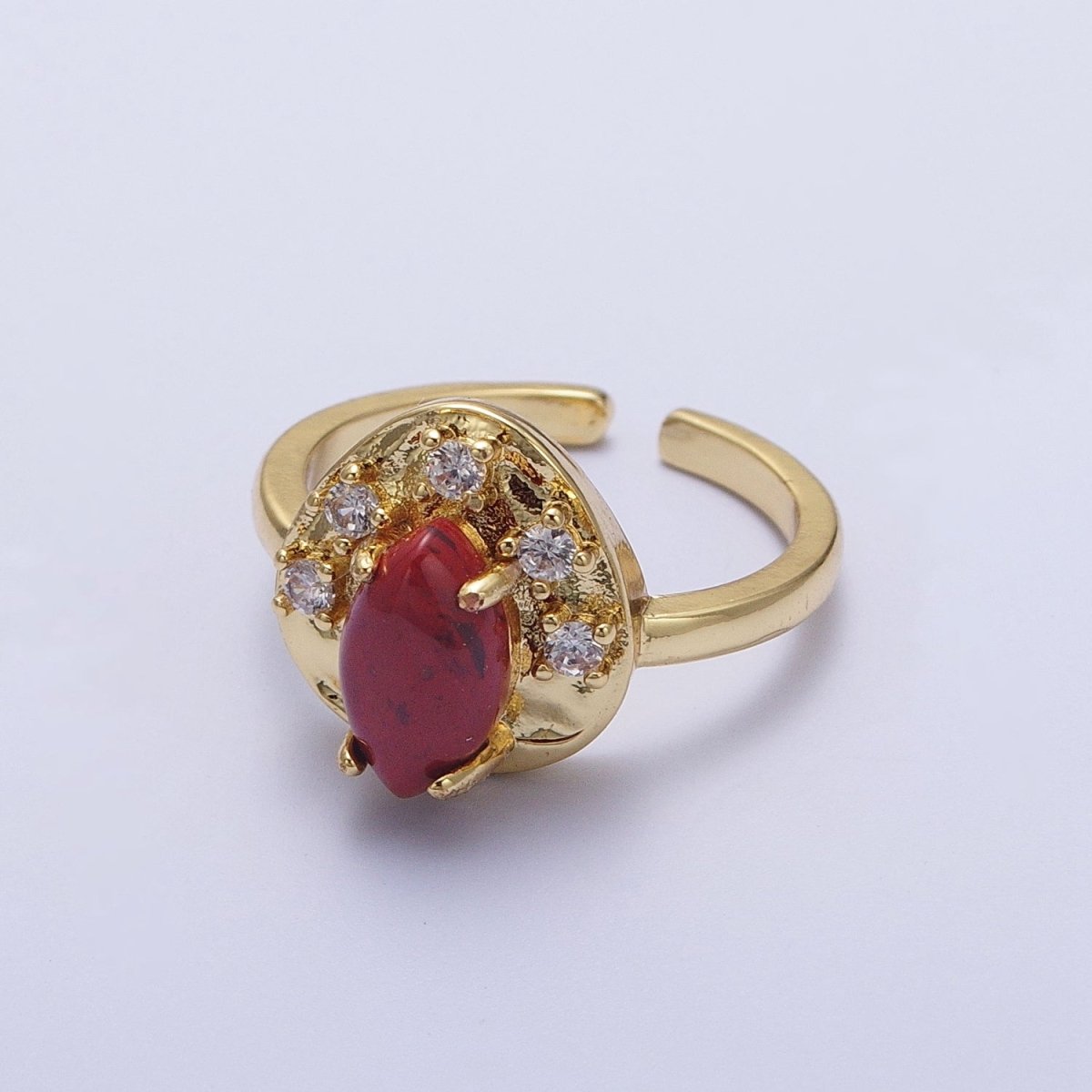Gold Hammered Cubic Zirconia Marquise Natural Gemstone Adjustable Ring | O-020 O-021 O-022