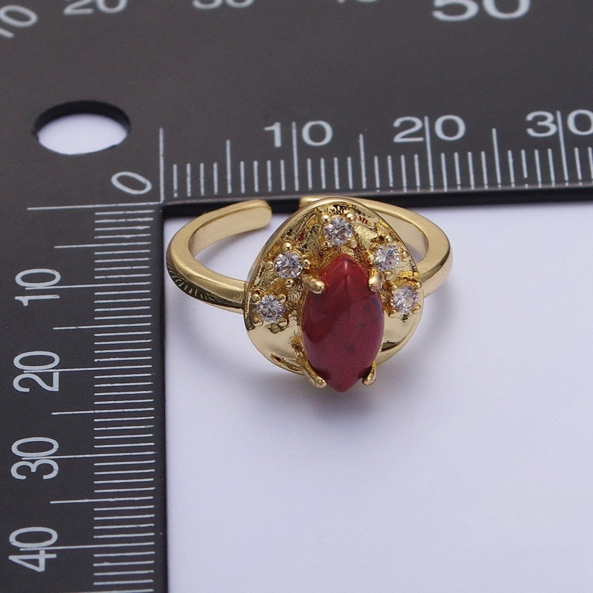 Gold Hammered Cubic Zirconia Marquise Natural Gemstone Adjustable Ring | O-020 O-021 O-022