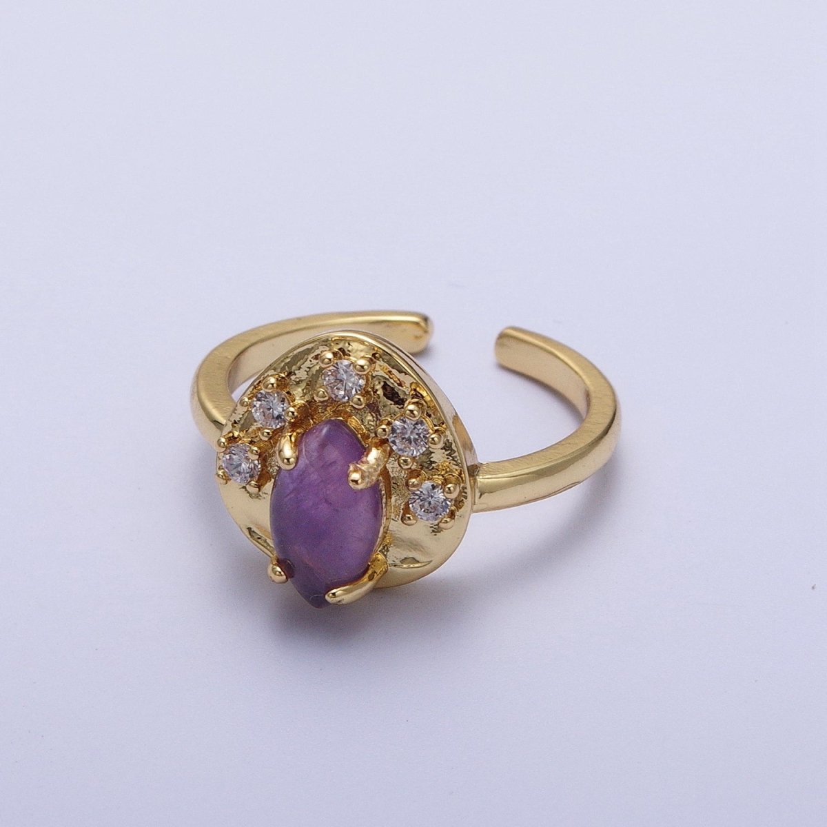 Gold Hammered Cubic Zirconia Marquise Natural Gemstone Adjustable Ring | O-020 O-021 O-022