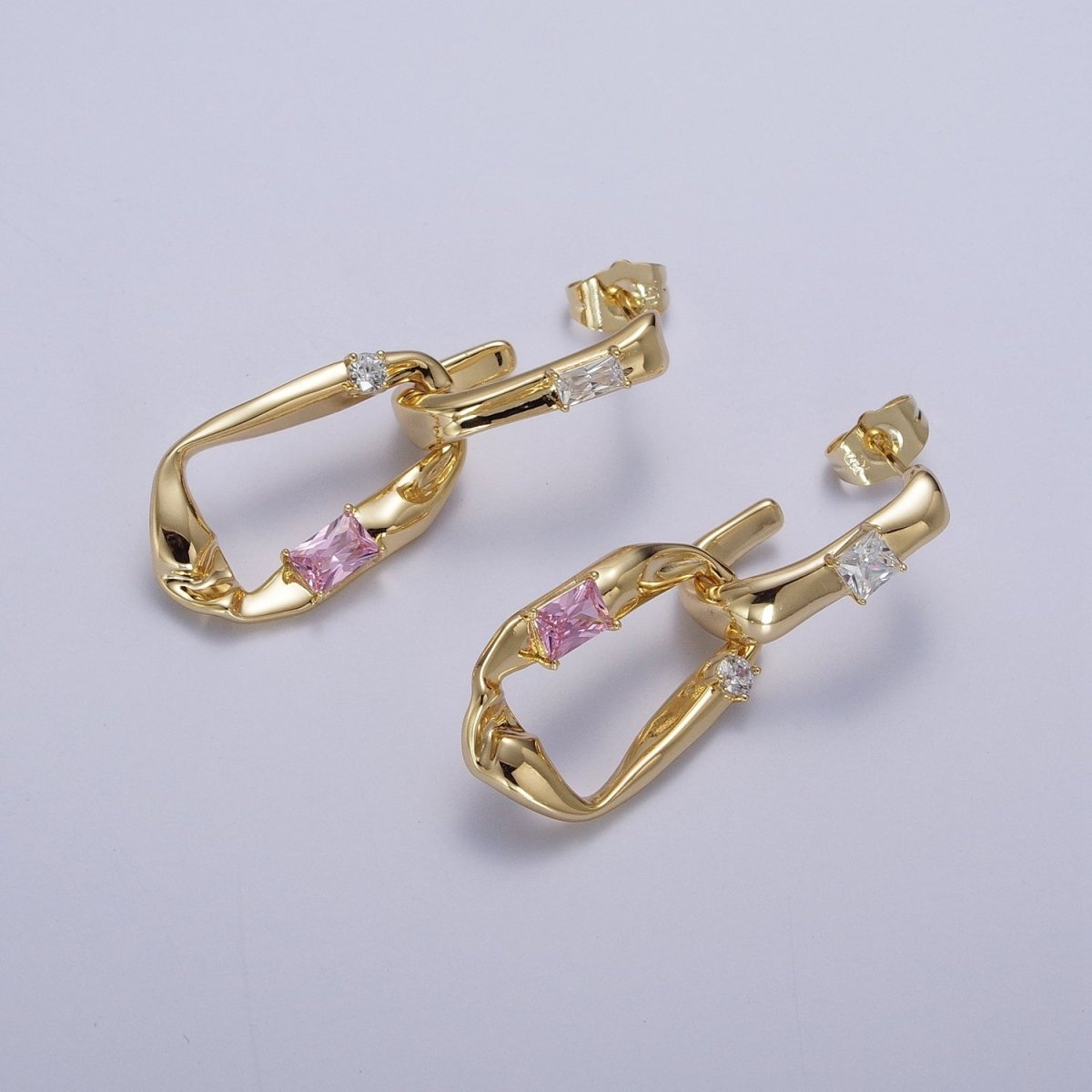 Gold Hammered J Shaped Hoop Abstract Baguette Cubic Zirconia Dangle Drop Stud Earrings | Y-060 - DLUXCA