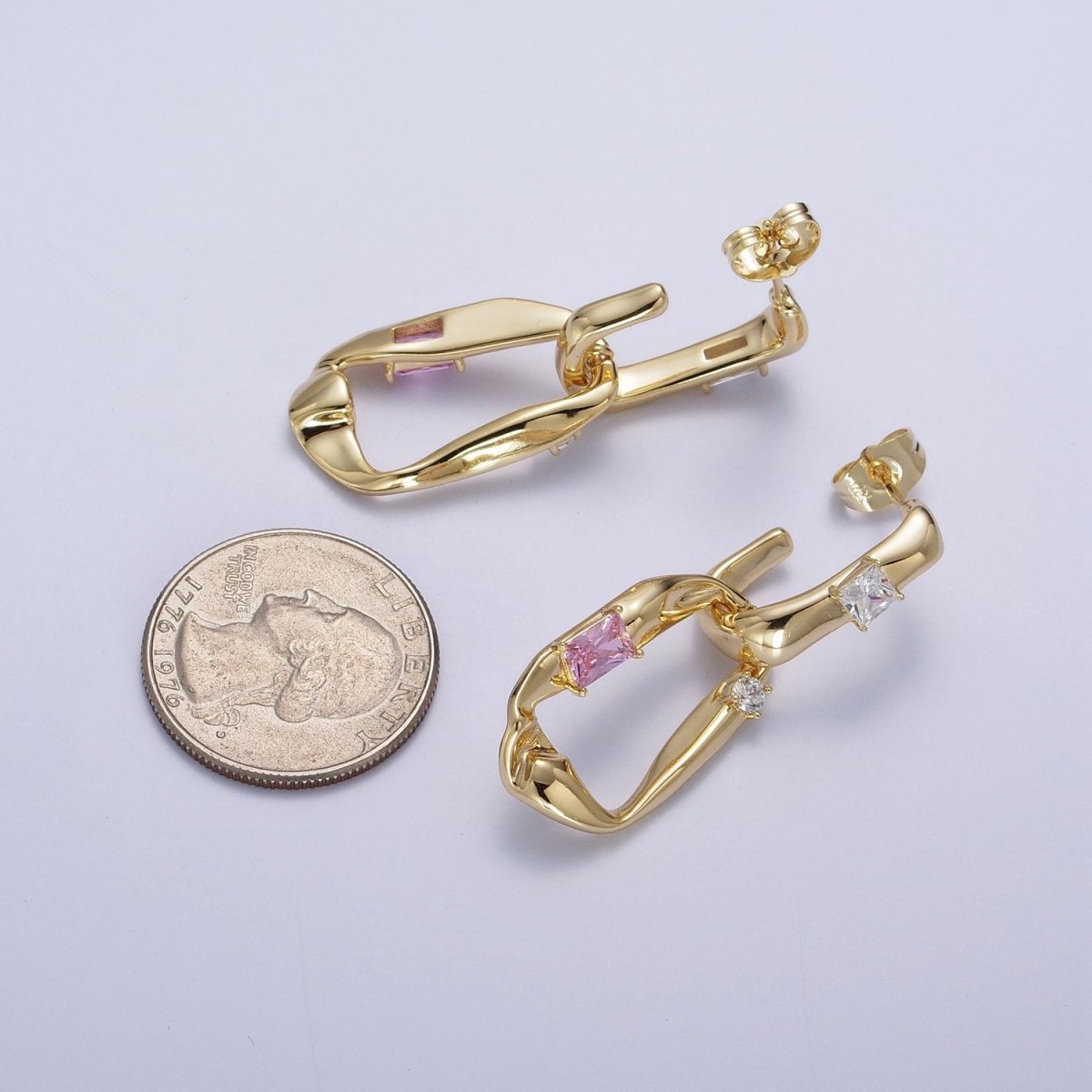 Gold Hammered J Shaped Hoop Abstract Baguette Cubic Zirconia Dangle Drop Stud Earrings | Y-060 - DLUXCA