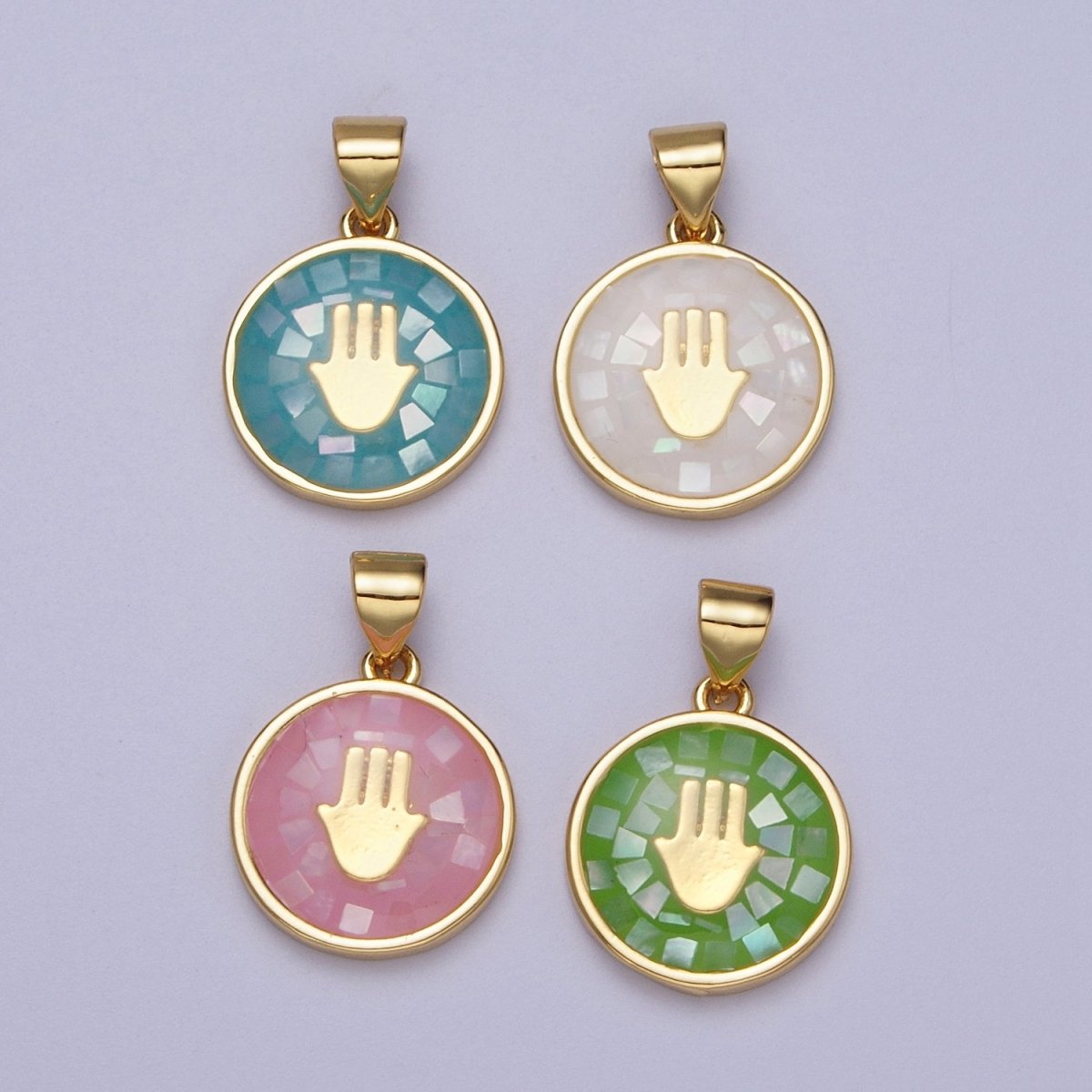 Gold Hamsa Hand White, Pink, Green, Teal Shell Opal Round Pendant H-807 I-760 I-792 I-828