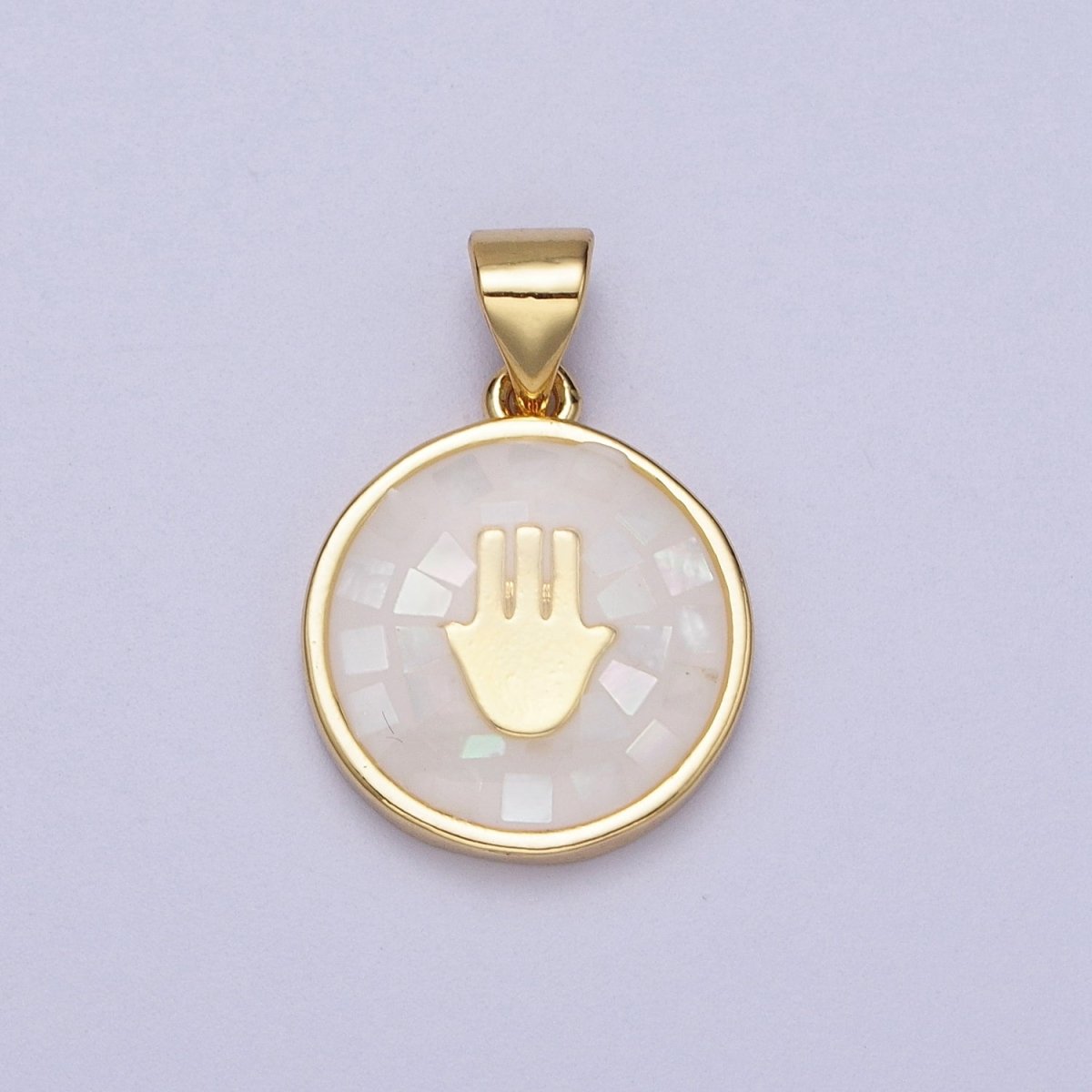 Gold Hamsa Hand White, Pink, Green, Teal Shell Opal Round Pendant H-807 I-760 I-792 I-828