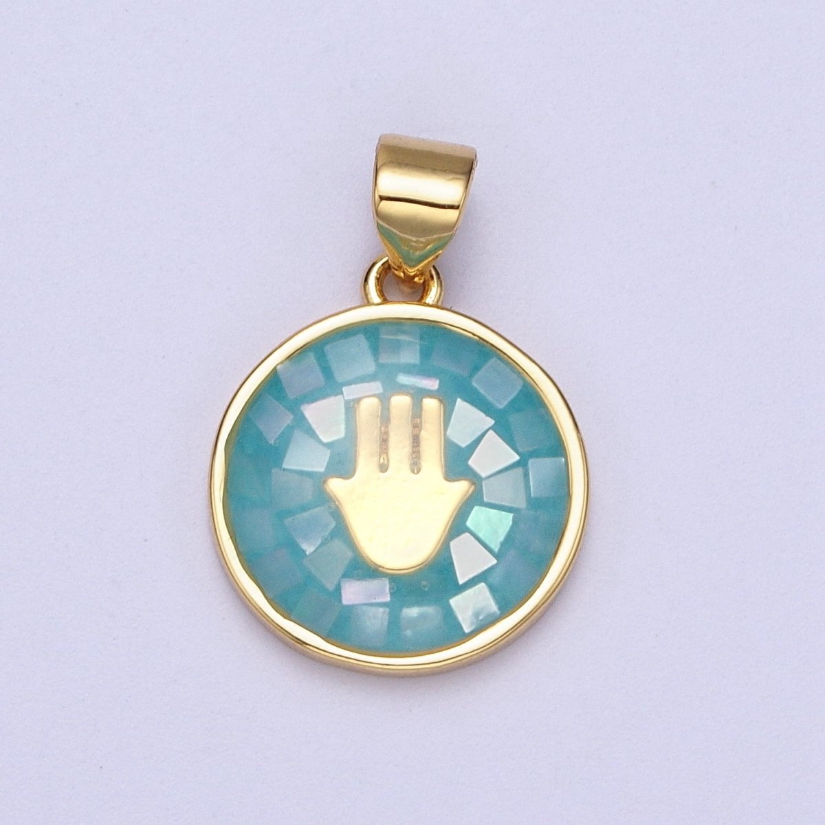 Gold Hamsa Hand White, Pink, Green, Teal Shell Opal Round Pendant H-807 I-760 I-792 I-828