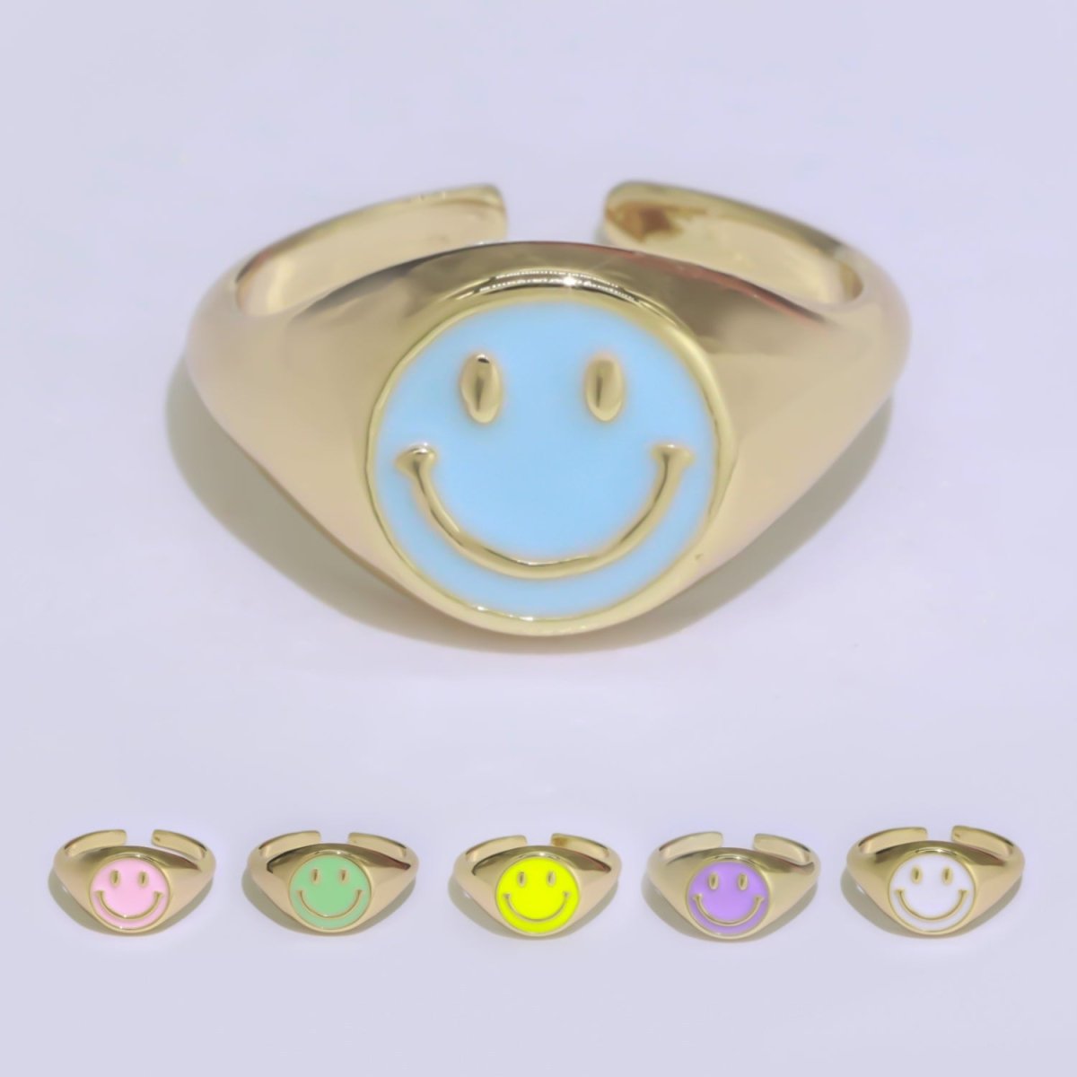 Gold Happy Face Ring • Smiley Face Ring • Enamel Epoxy Emoji Ring • Signet Ring• Birthday Gift y2k Jewelry for Teenager O-425 ~ O-430