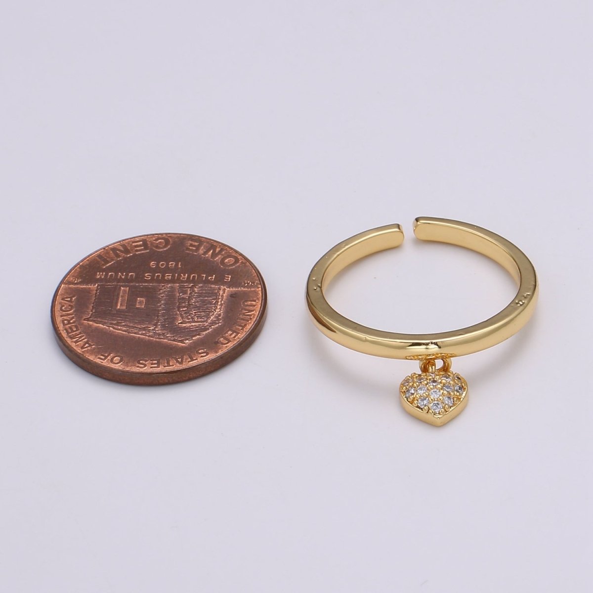 Gold Heart dangle ring - tiny heart ring - cz heart Ring- love ring - zircon charm - Dainty Open Adjustable Ring for Stackable Jewelry R444 - DLUXCA