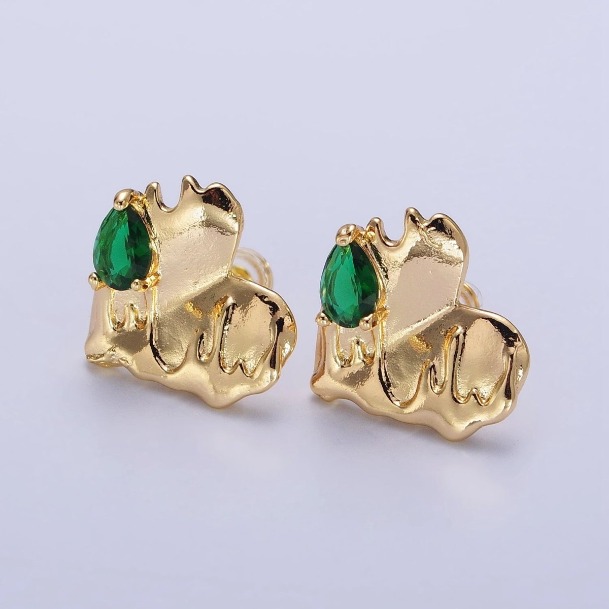 Gold Heart Molten Drip Green Teardrop CZ Stud Earrings | AB139 - DLUXCA