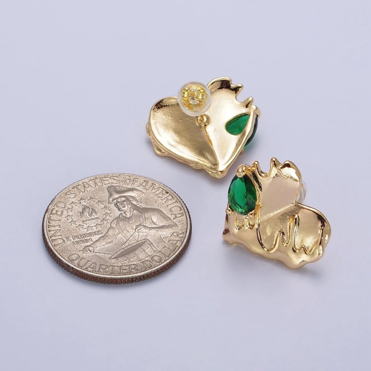 Gold Heart Molten Drip Green Teardrop CZ Stud Earrings | AB139 - DLUXCA
