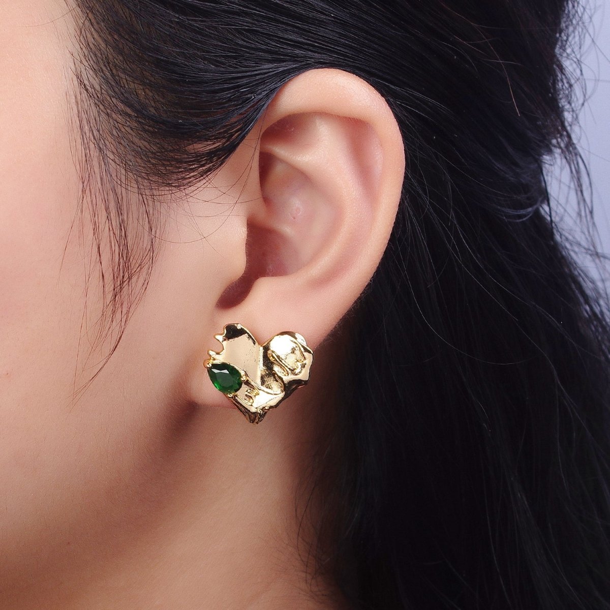 Gold Heart Molten Drip Green Teardrop CZ Stud Earrings | AB139 - DLUXCA