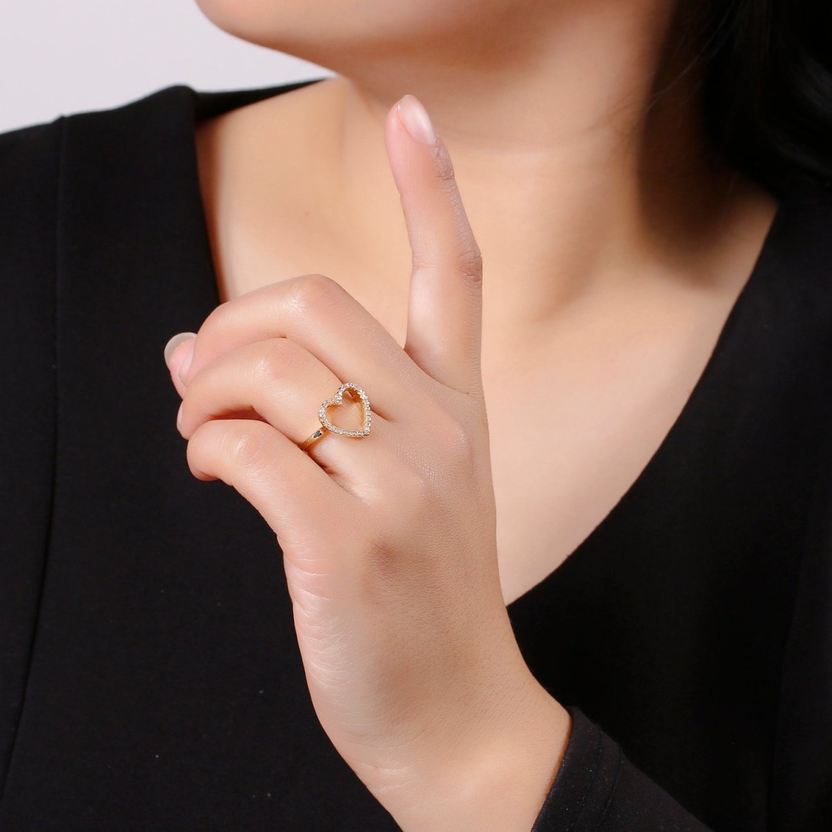 Gold Heart Ring, Love Ring, Open Heart Ring, Micro Pave Gold Stacking Ring, Adjustable Ring, Minimalist Heart Ring, Gift for her