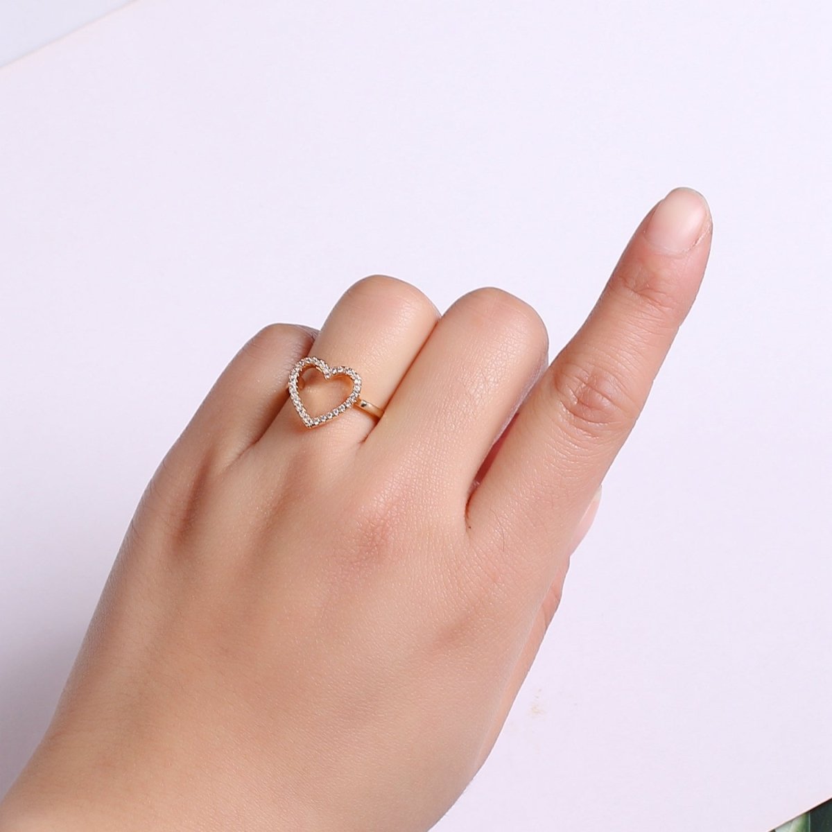 Gold Heart Ring, Love Ring, Open Heart Ring, Micro Pave Gold Stacking Ring, Adjustable Ring, Minimalist Heart Ring, Gift for her