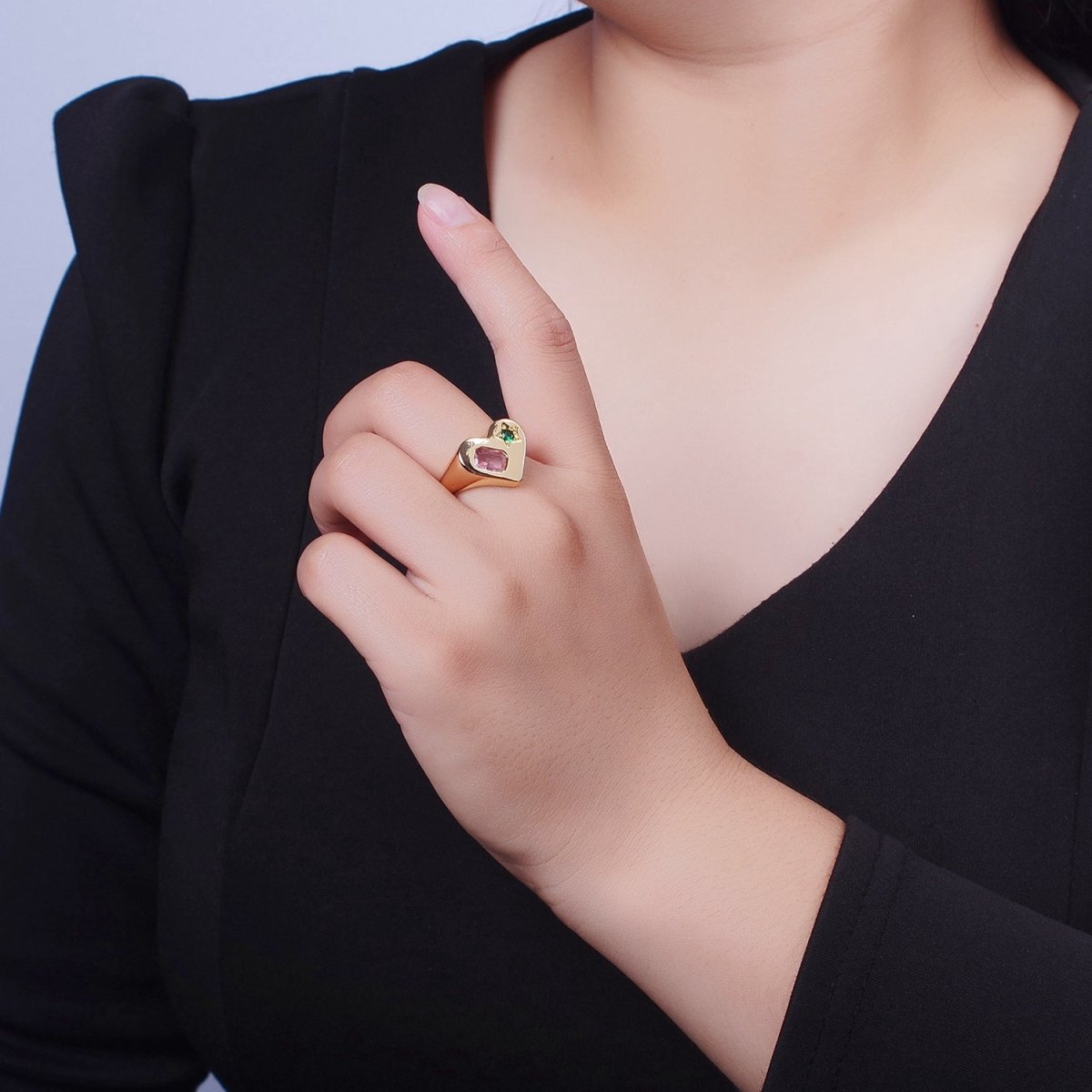 Gold Heart Signet Ring with Pink & Green Cubic Zirconia Baguette Star Stones | X-616 - DLUXCA